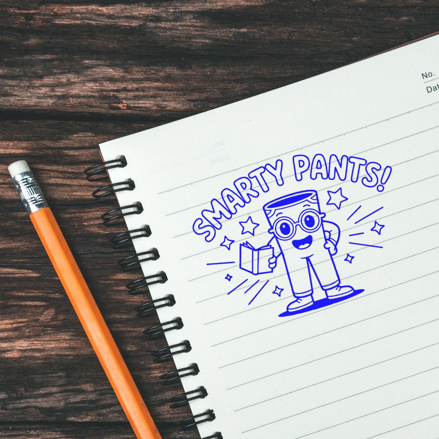 Smarty Pants custom rubber stamp on notebook, perfect for teacher rewards, classroom grading, and fun stationery.