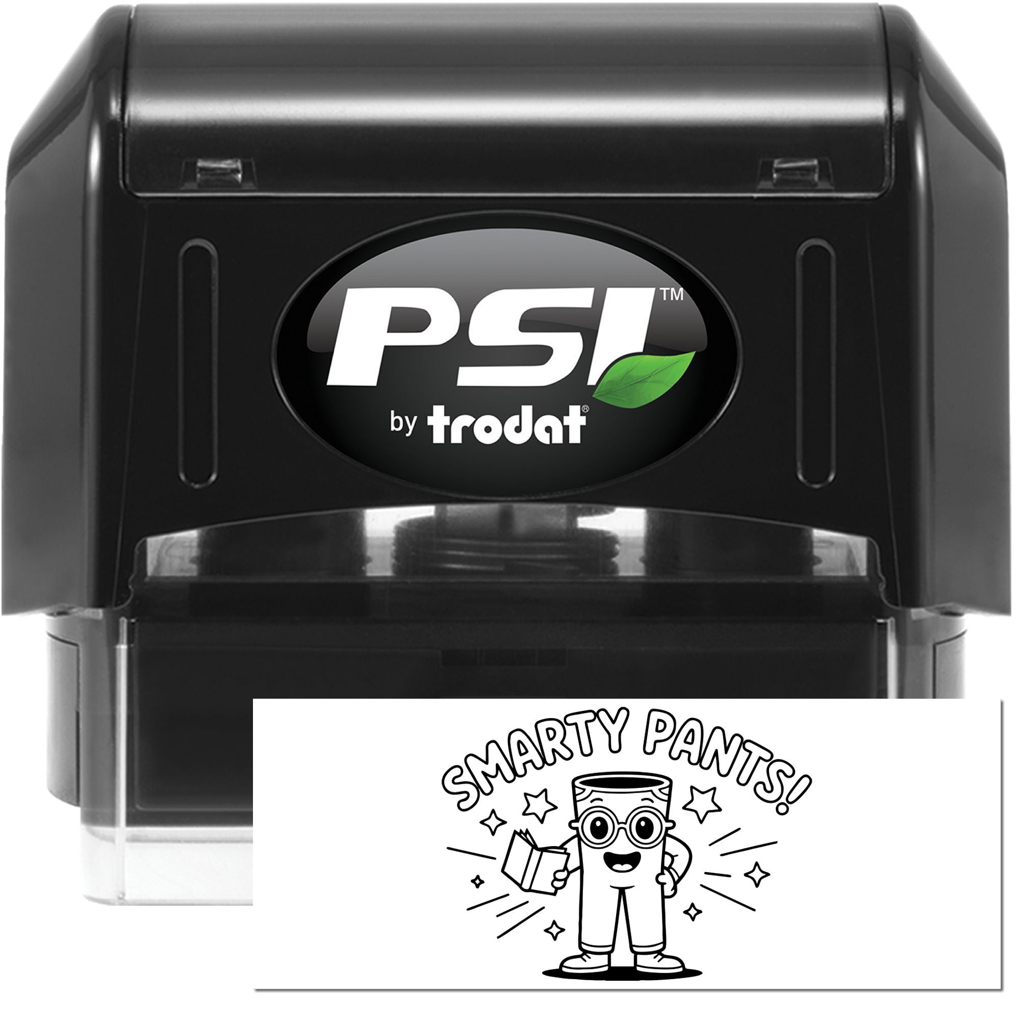 Smarty Pants! self-inking rubber stamp by PSI by Trodat with bookworm design for classroom rewards and teacher incentives.