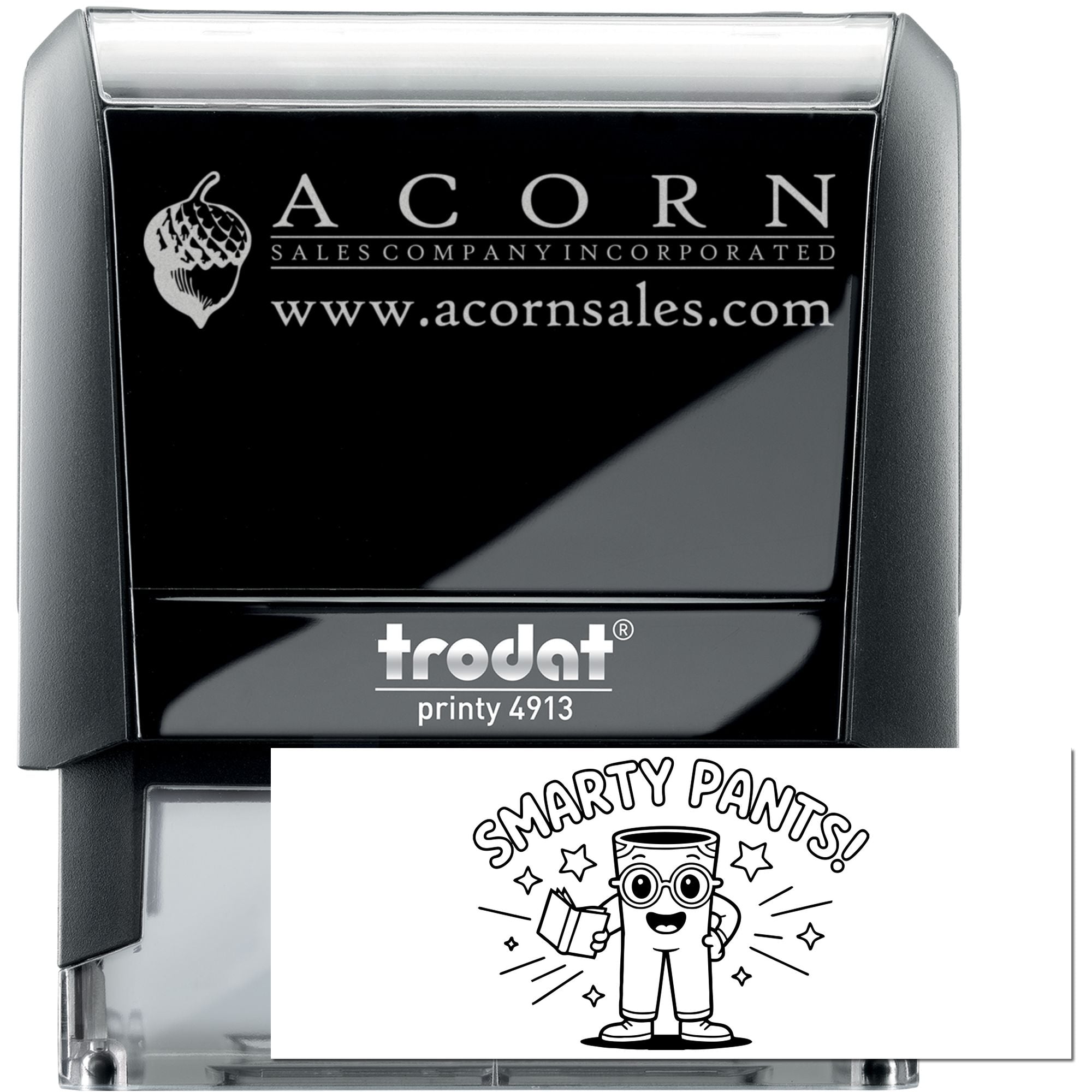 Custom self-inking rubber stamp, Trodat Printy 4913, featuring Acorn Sales logo and Smarty Pants imprint sample.