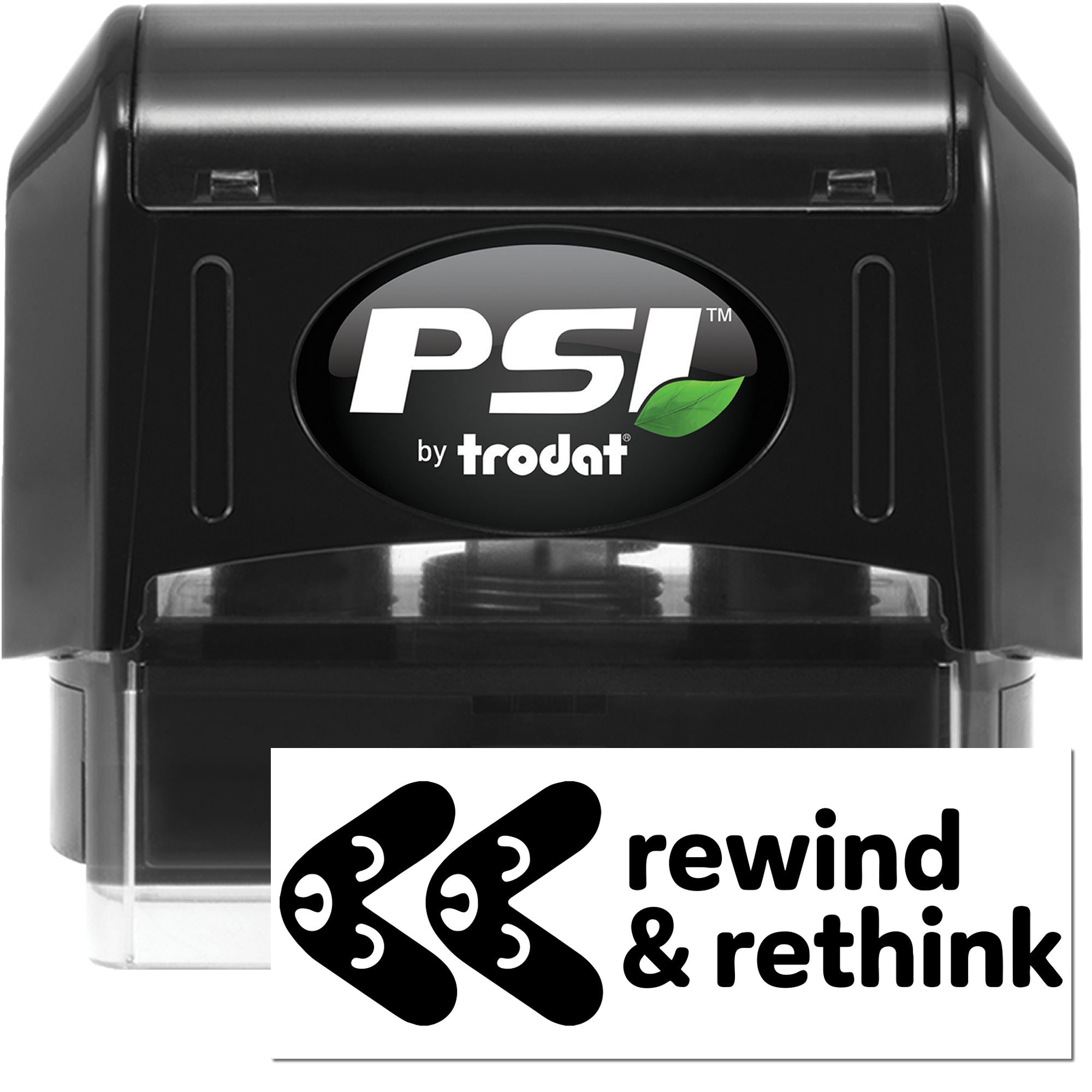 PSI by Trodat self-inking rubber stamp with Rewind & Rethink logo for custom branding and promotional use