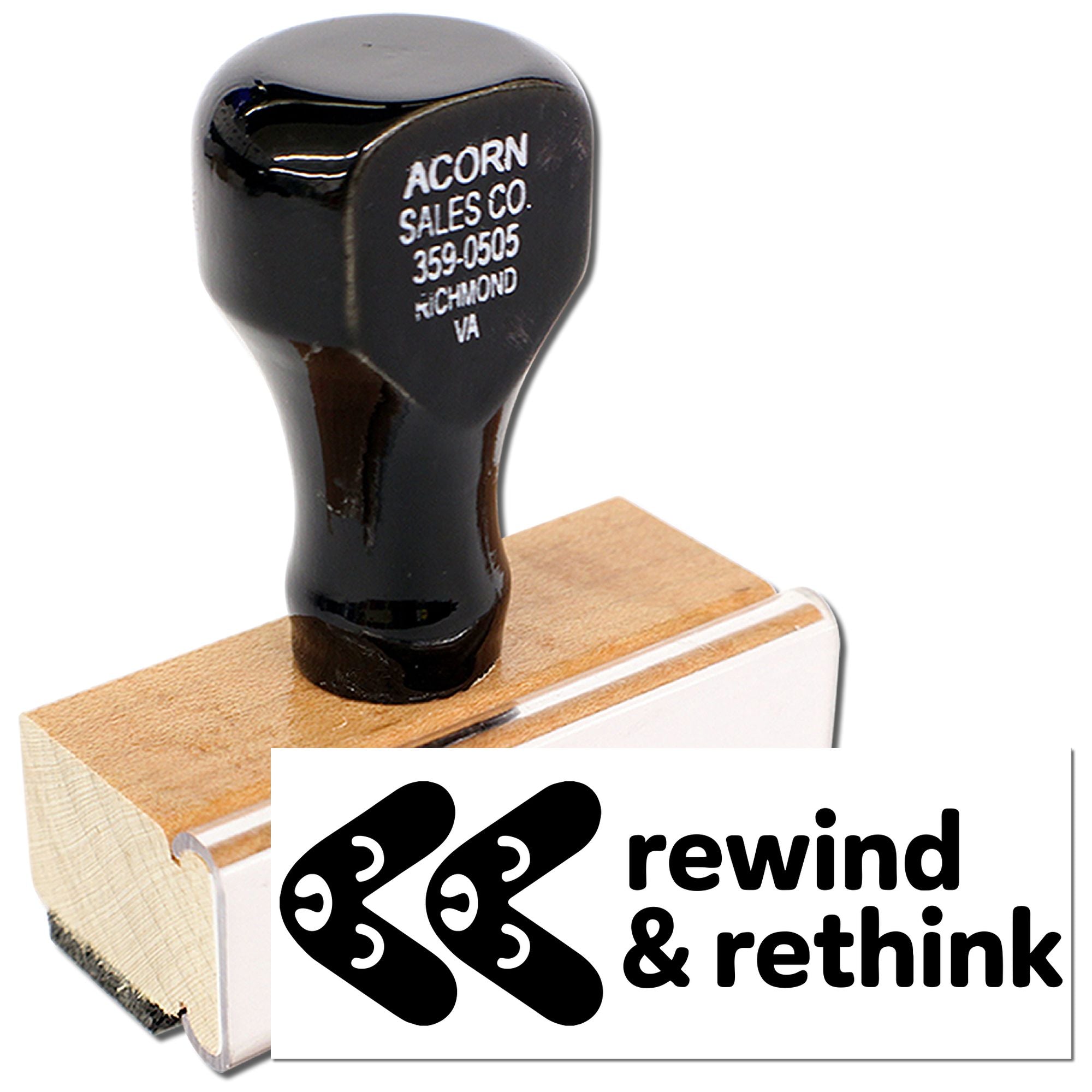 Wood handle rubber stamp with rewind & rethink logo for custom branding, packaging, and craft projects.
