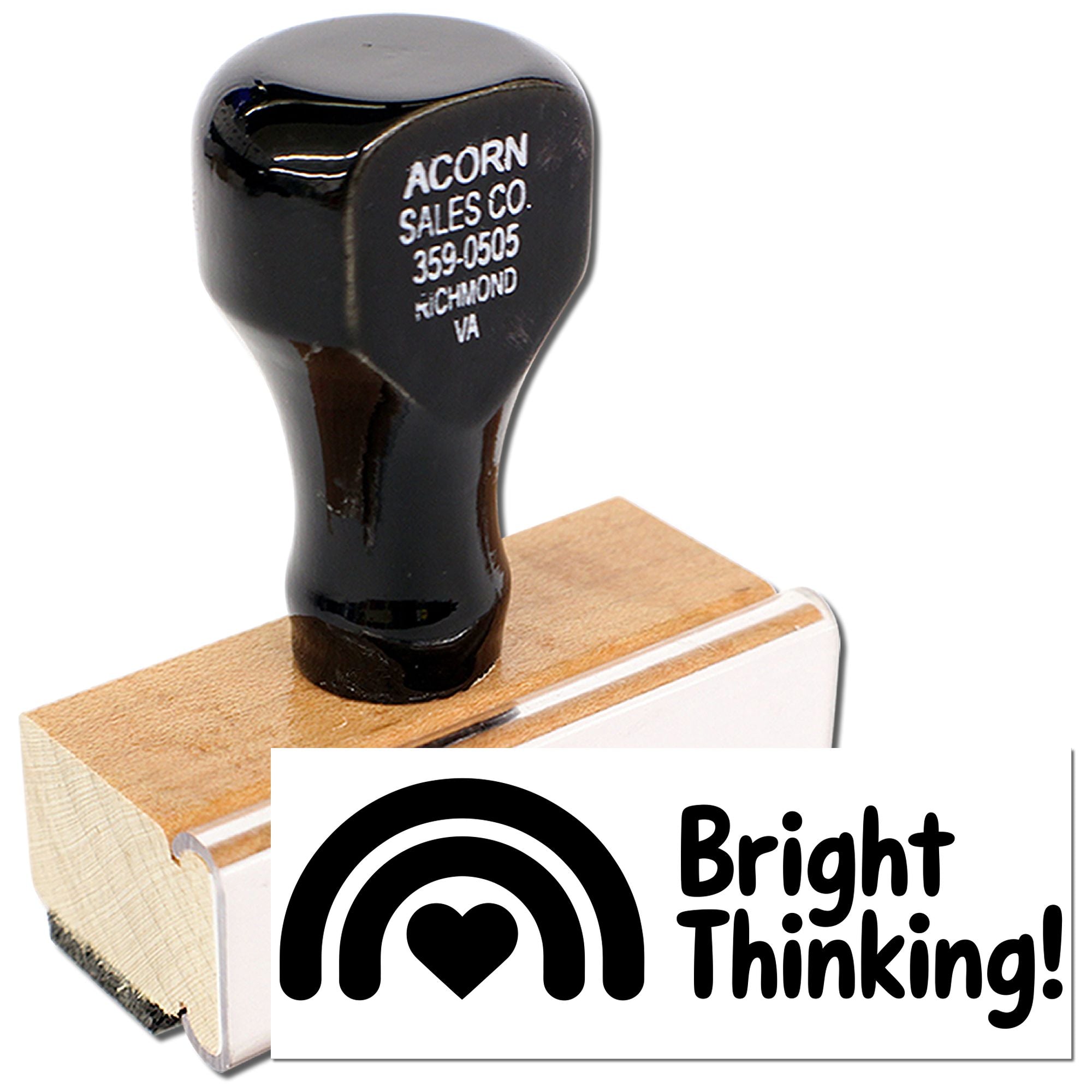 Custom rubber stamp with Bright Thinking! rainbow heart design for branding, crafts, or teacher rewards.