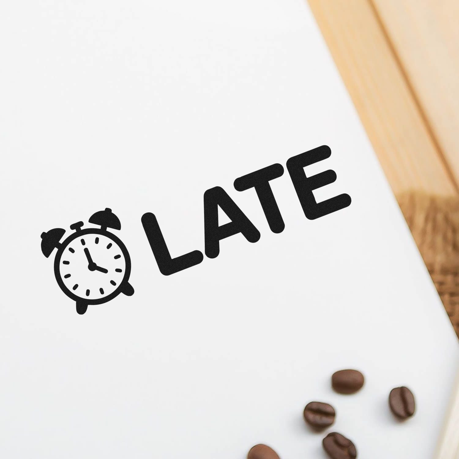 Late rubber stamp with alarm clock icon for office documents, marking overdue or time-sensitive paperwork.