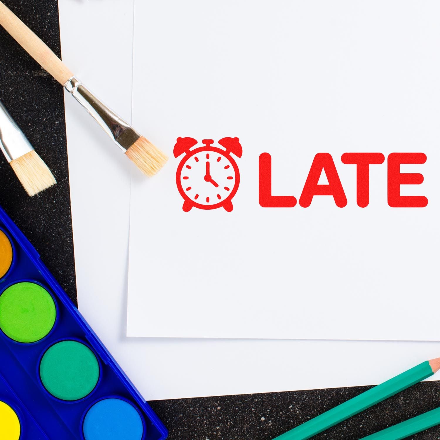 Red LATE rubber stamp with alarm clock icon on paper, ideal for teacher grading, office paperwork, and deadline reminders.
