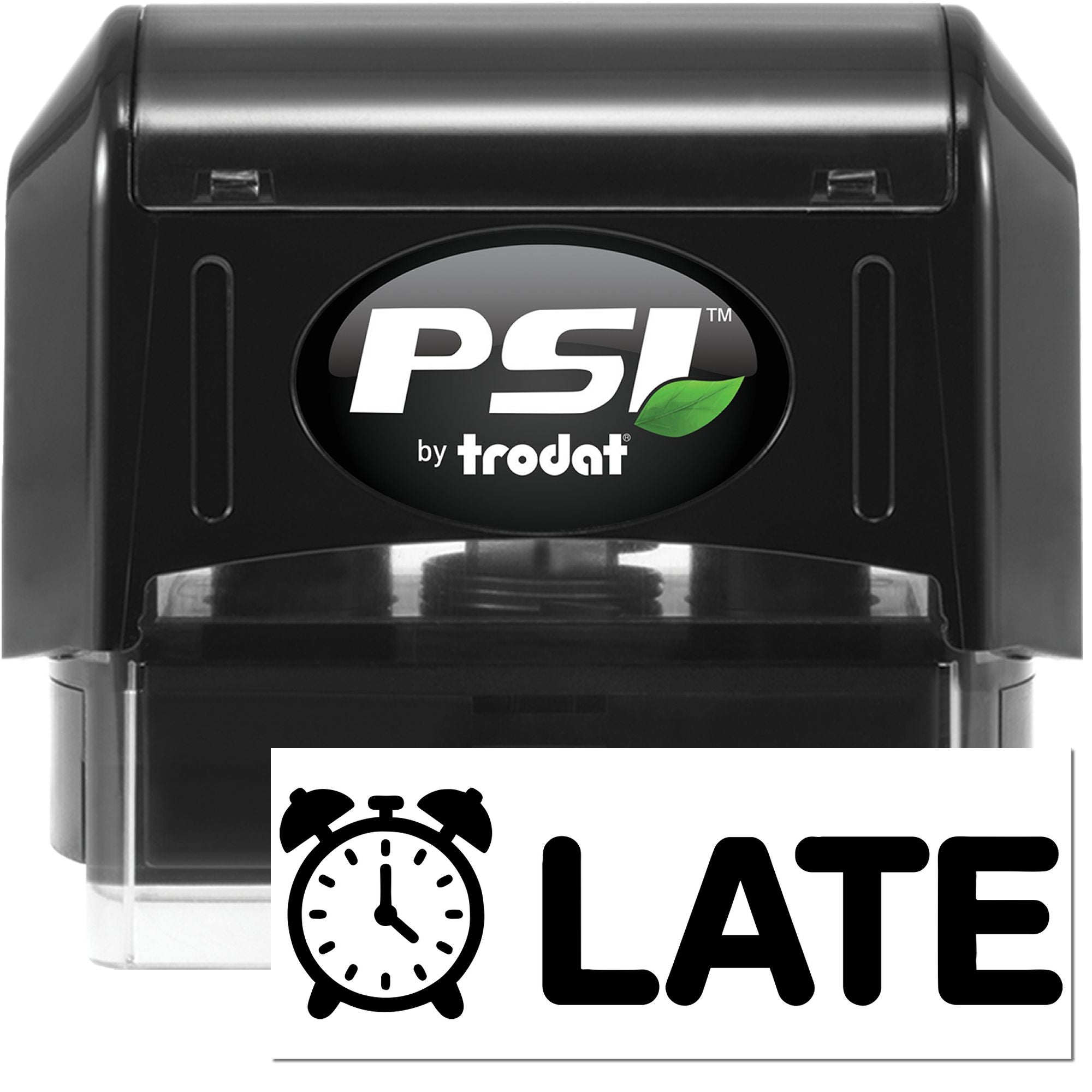 Late self-inking rubber stamp by PSI Trodat with alarm clock icon for marking tardy documents and attendance records.