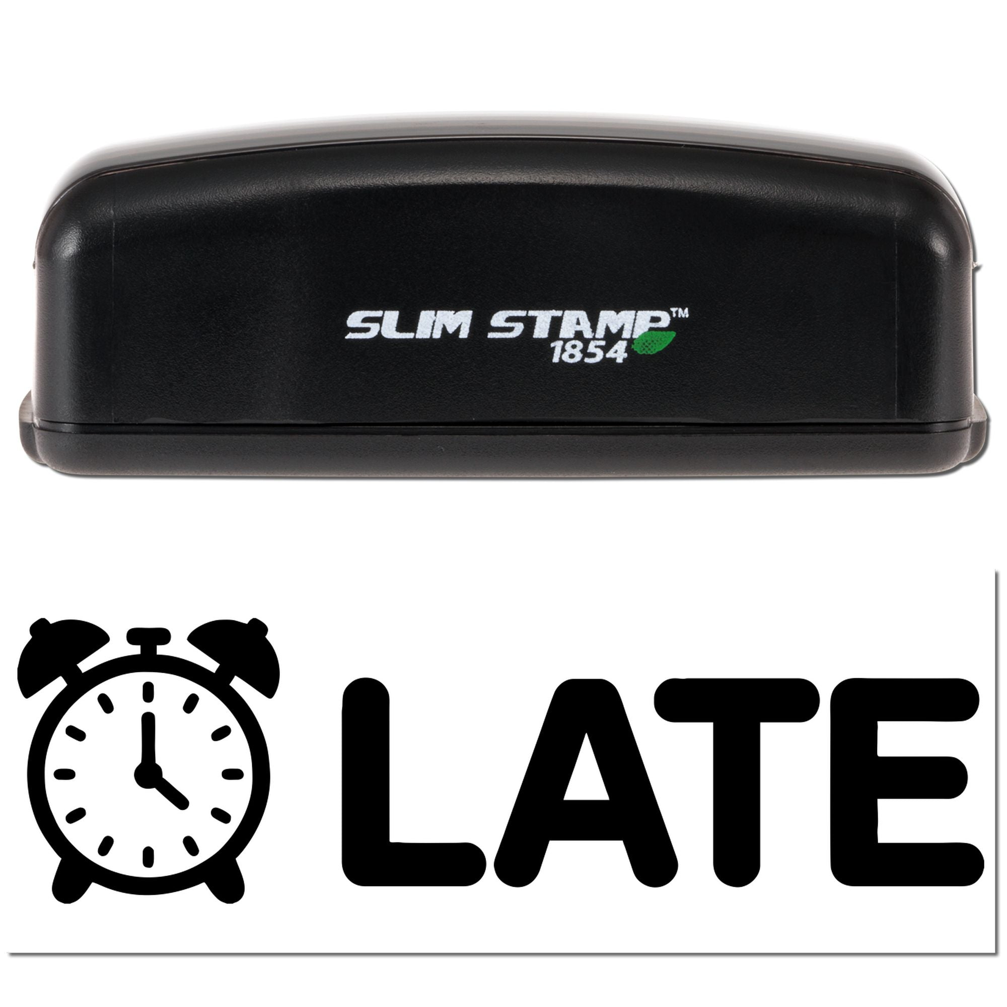 Late self-inking rubber stamp with alarm clock icon, Slim Stamp 1854 for office attendance and time tracking.