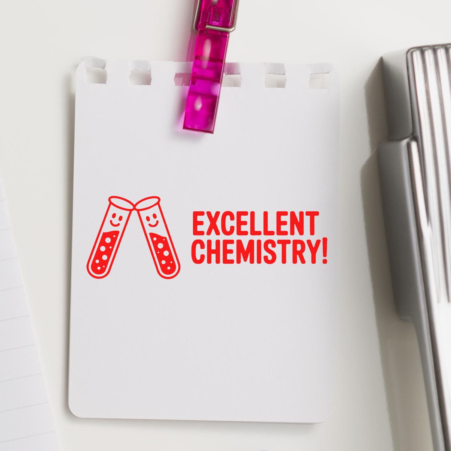 Excellent Chemistry! rubber stamp with test tube icon, ideal for science teachers, lab grading, and classroom feedback.