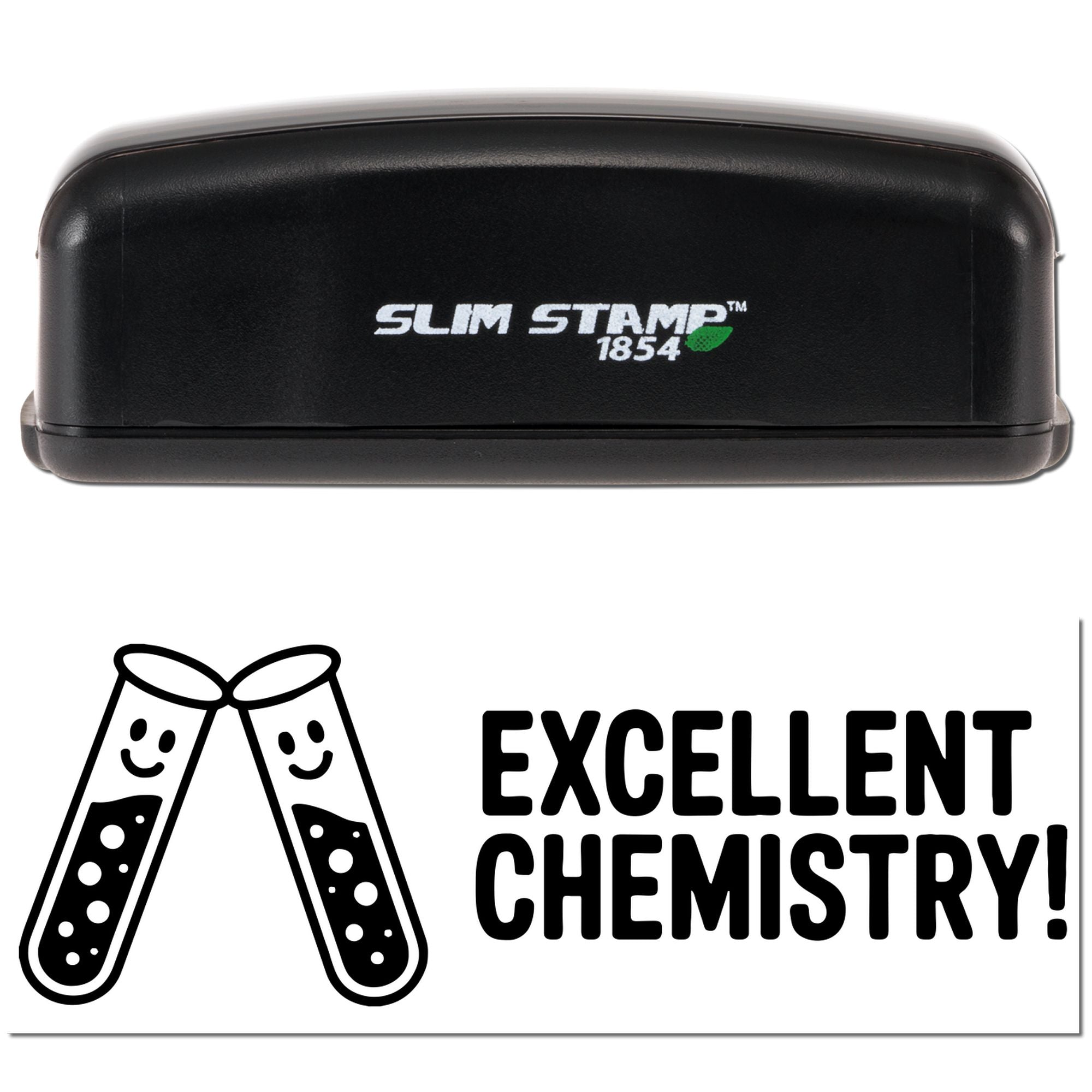 Excellent Chemistry rubber stamp with beaker icon, shown in Slim Stamp 1854 self-inking stamp case.