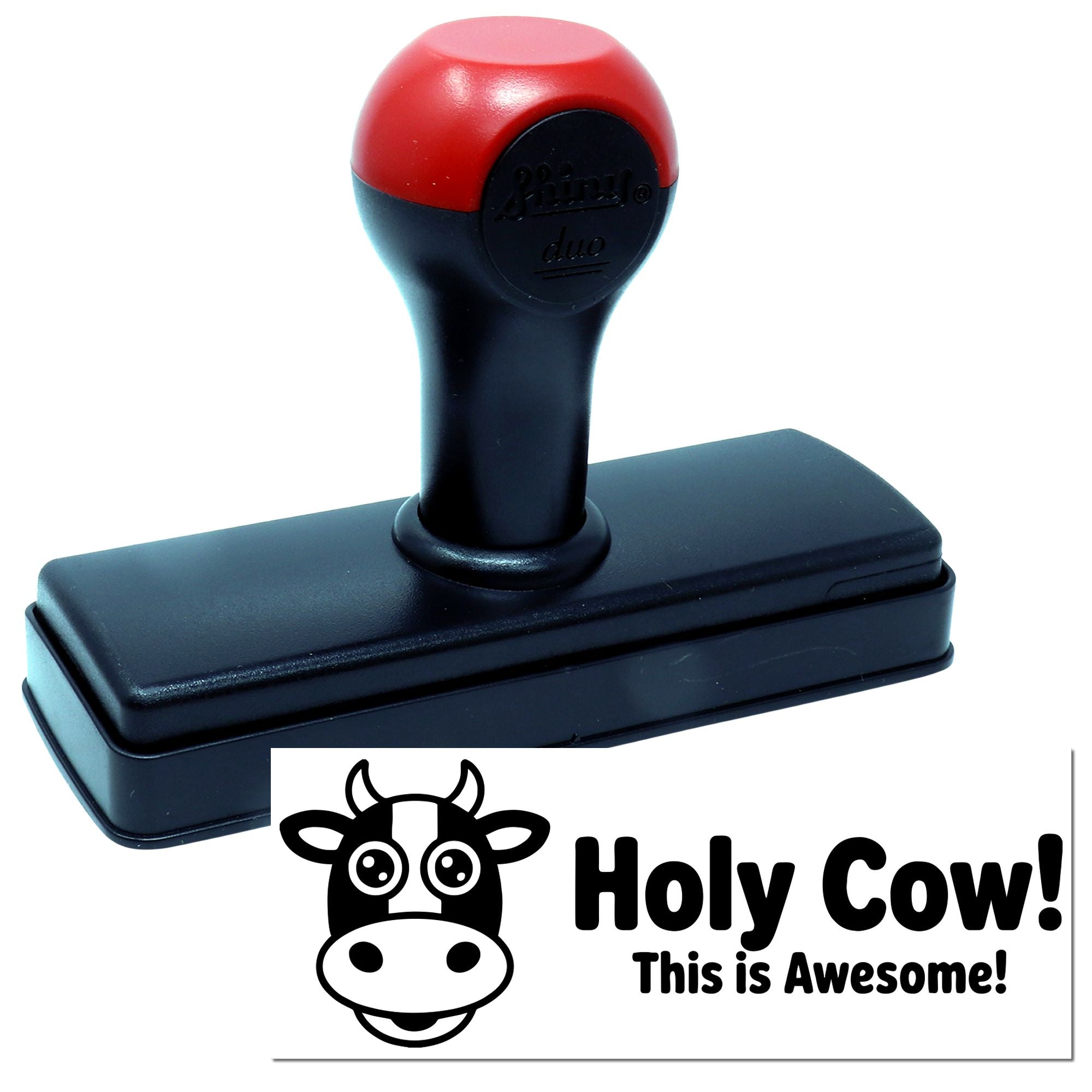 Self-inking rubber stamp with Holy Cow! This is Awesome! custom cow design impression.
