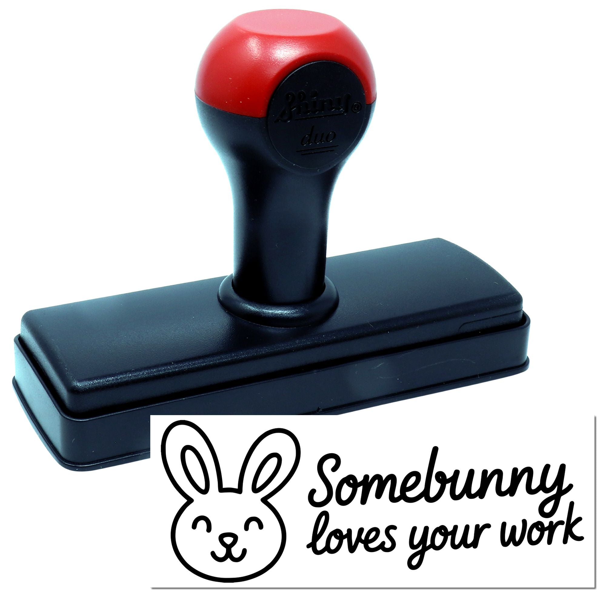 Self-inking bunny rubber stamp with Somebunny loves your work message for teacher appreciation, crafts, and packaging.