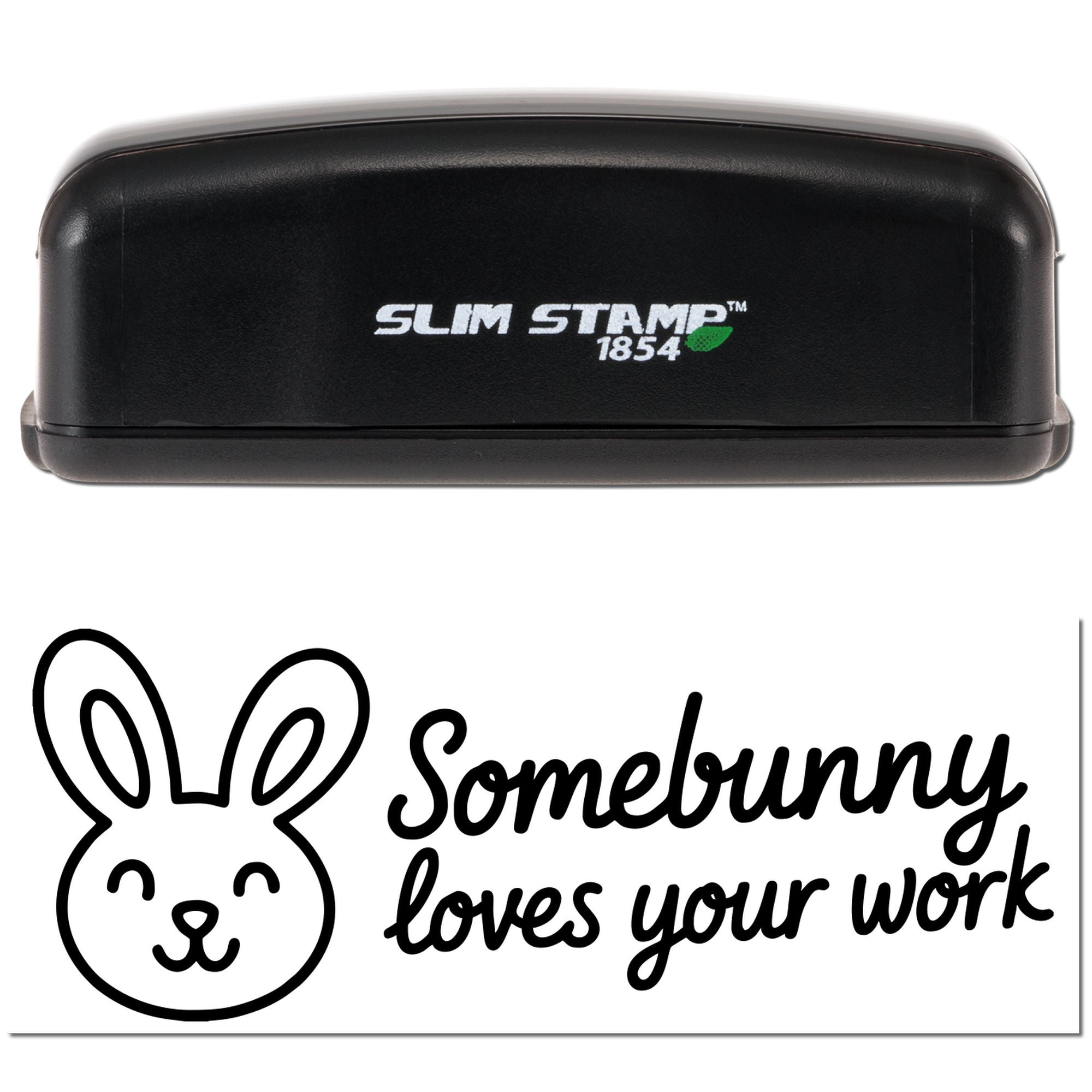 Custom rubber stamp with bunny logo and Somebunny loves your work message for handmade packaging and teacher gifts.
