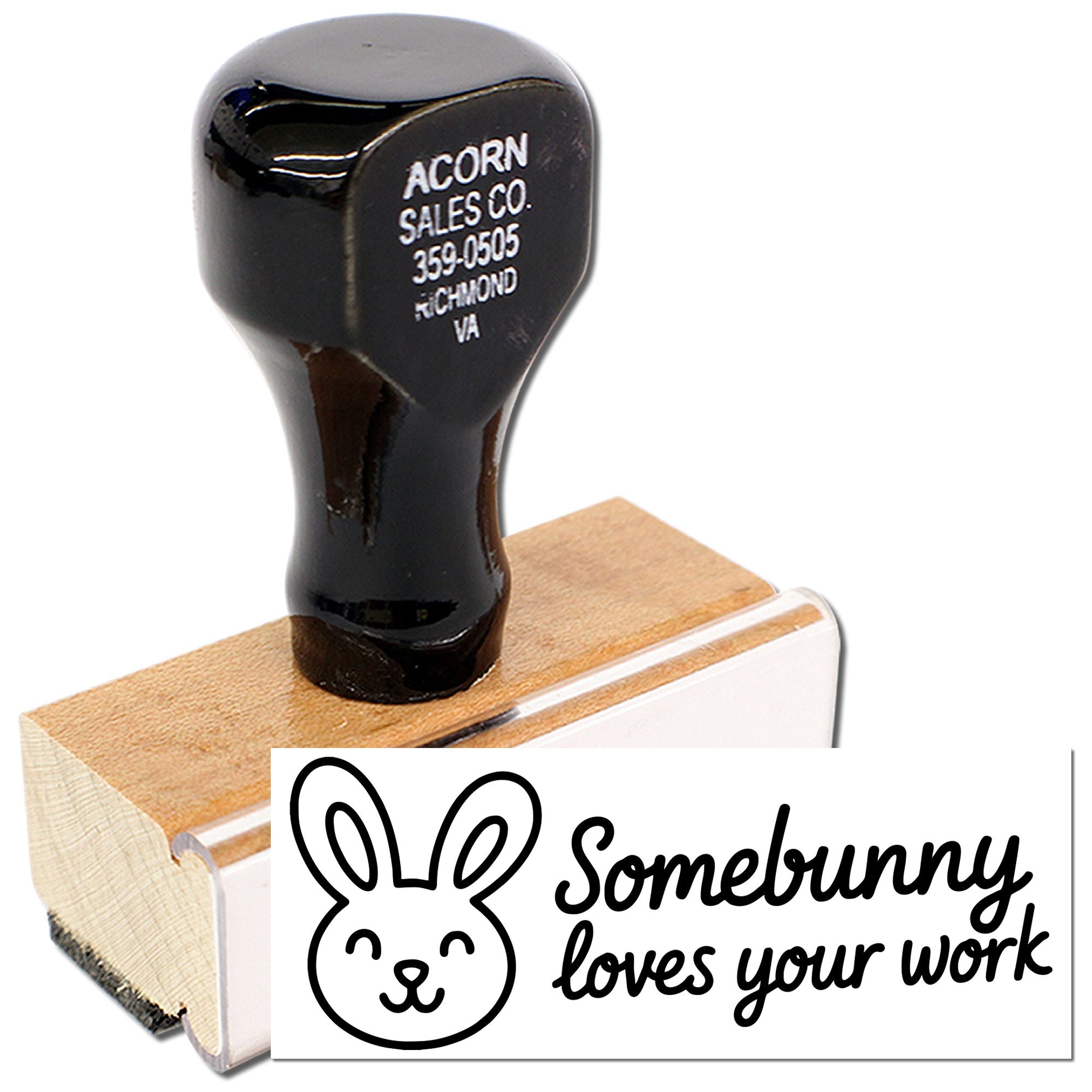 Custom rubber stamp with bunny design and Somebunny loves your work message for teacher appreciation.