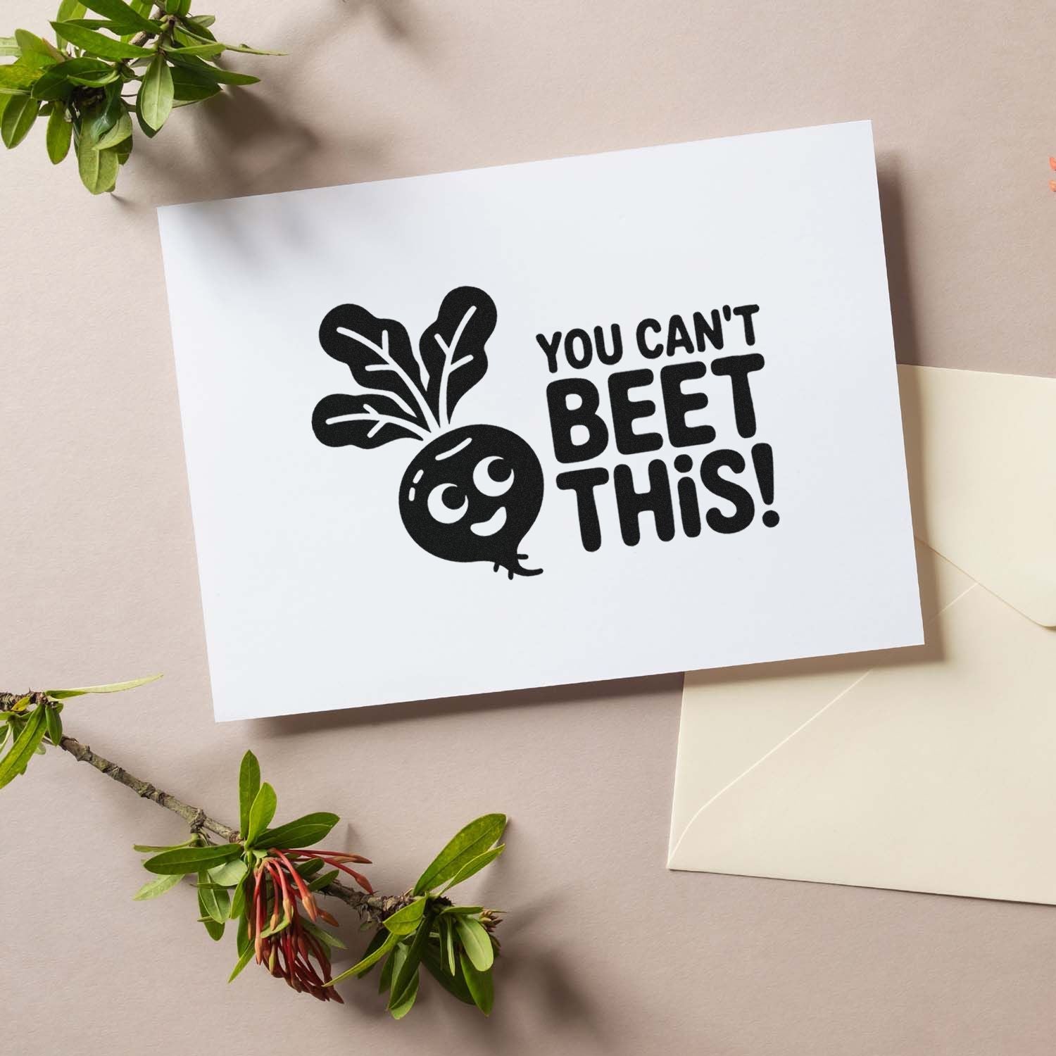 Funny radish rubber stamp reading You cant beet this! for handmade cards, crafts, and vegetable-themed stationery.