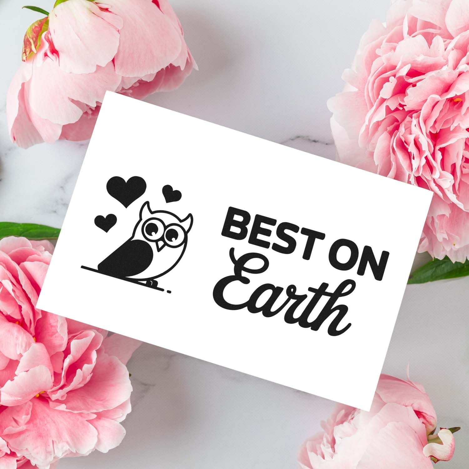 Best on Earth rubber stamp design with owl and hearts, perfect for handmade cards, crafts, and teacher gifts.
