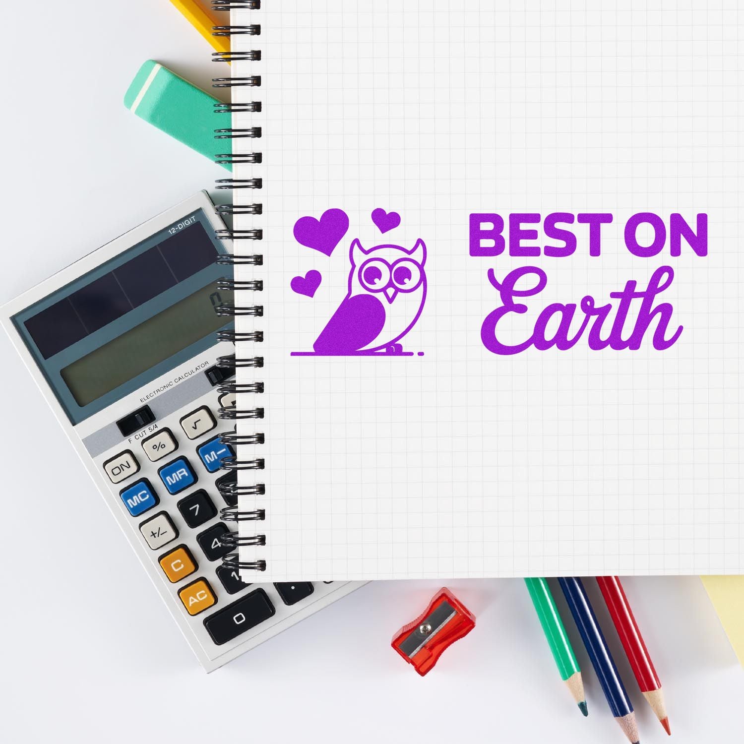 Purple Best on Earth rubber stamp with owl and hearts, ideal for teacher appreciation, school rewards, and office crafts.