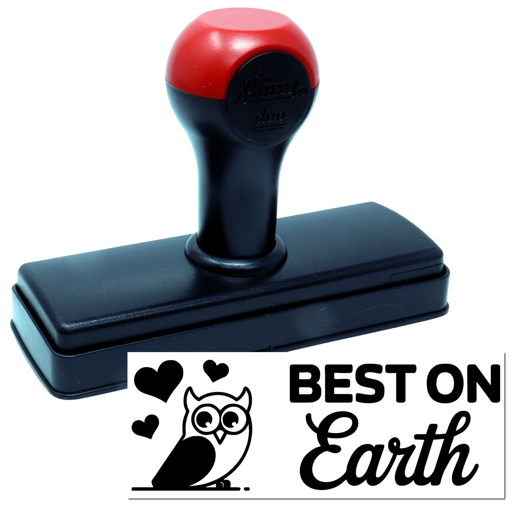 Self-inking rubber stamp with Best on Earth owl design for custom business, classroom, or eco-friendly branding use.