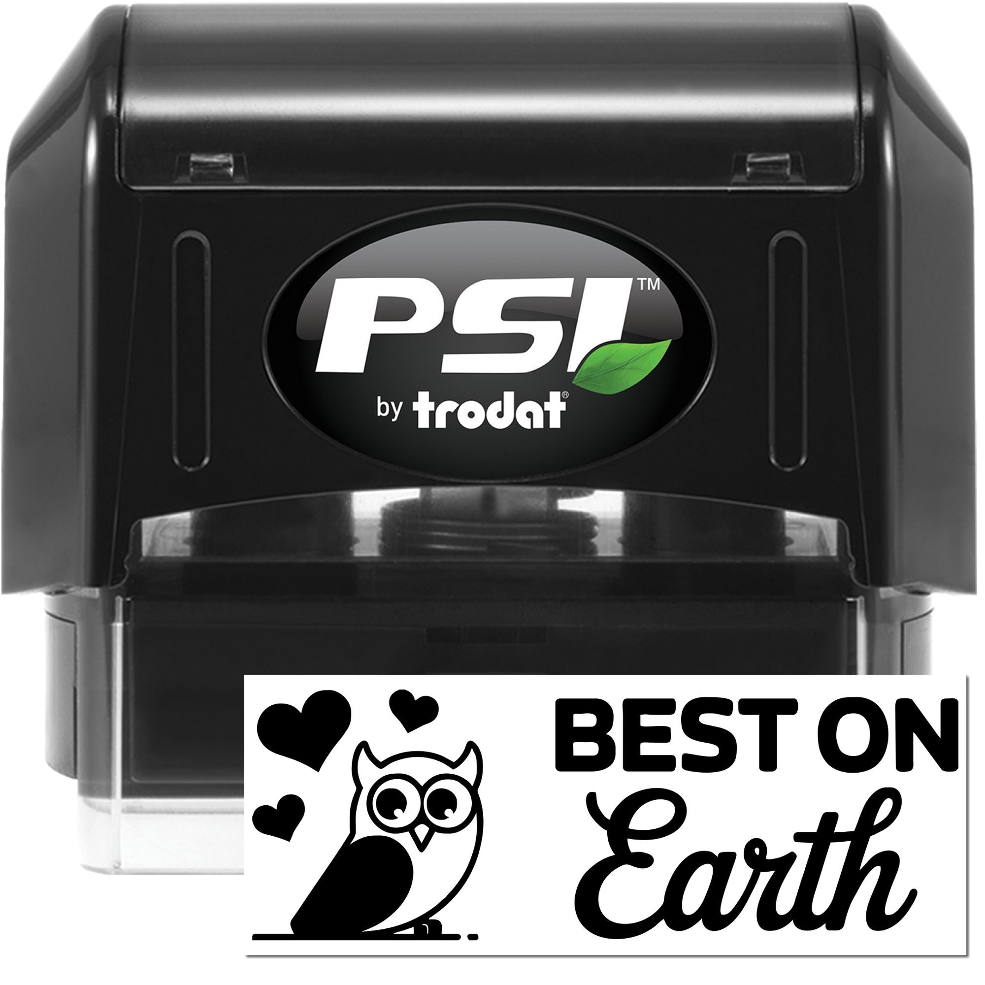 PSI by Trodat self-inking rubber stamp with custom Best on Earth owl design for personalized logo stamping.