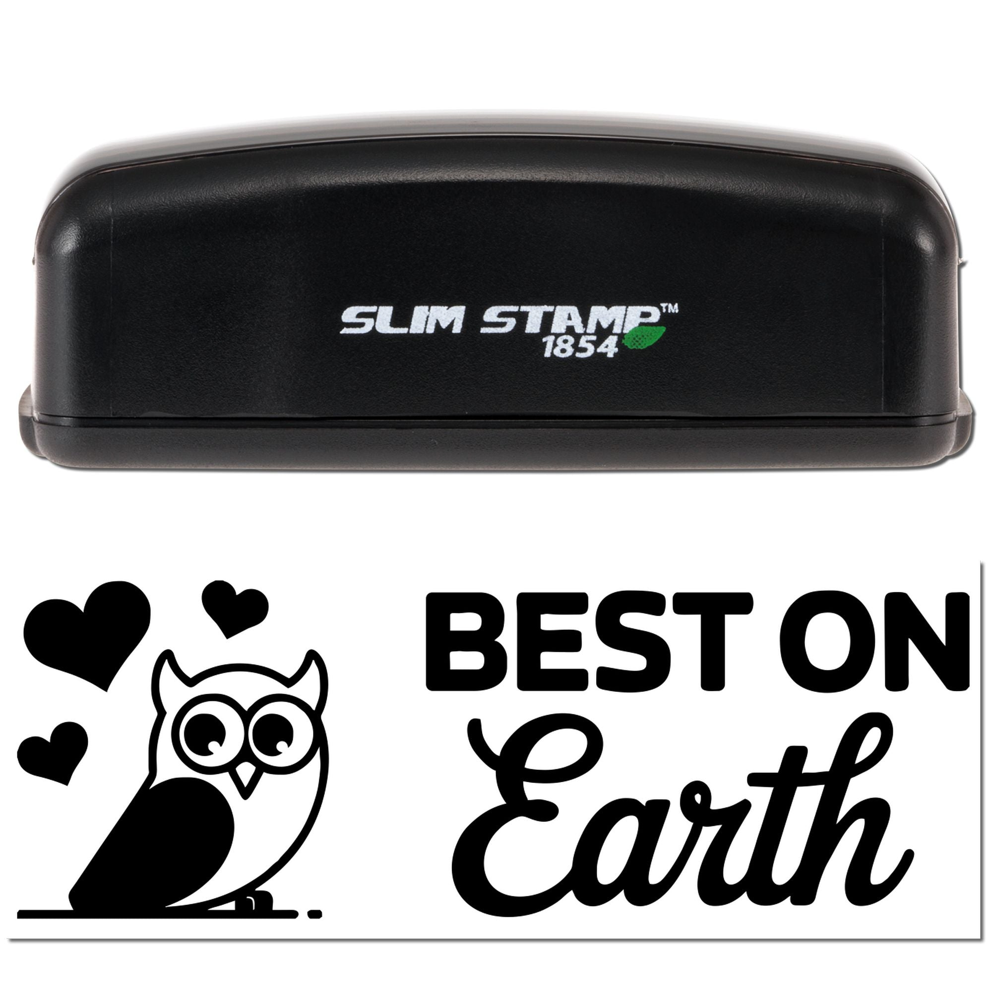 Custom SlimStamp 1854 rubber stamp with owl, hearts and Best on Earth design for personalized cards and gifts
