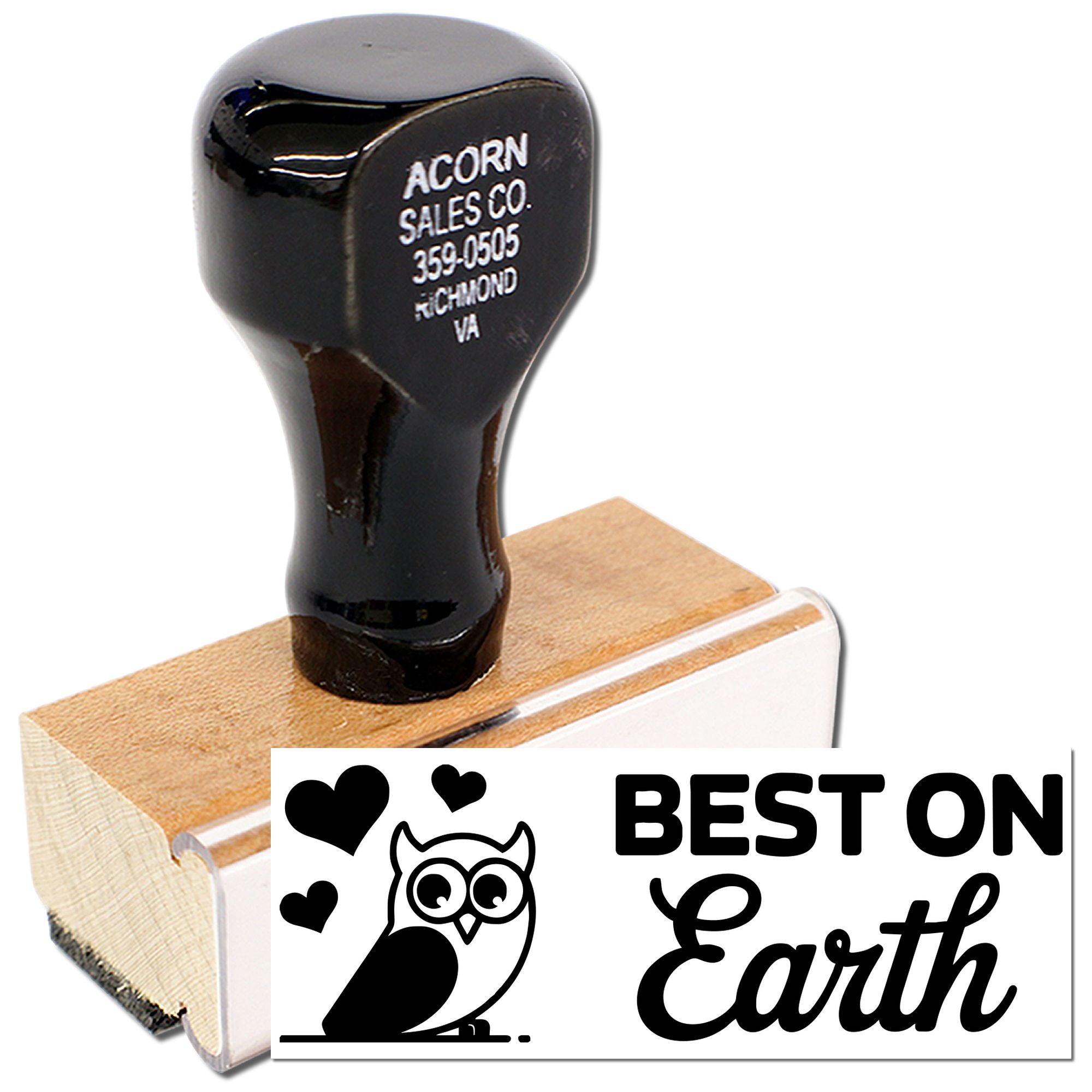Custom wood handle rubber stamp with owl graphic and Best on Earth design for business or craft use