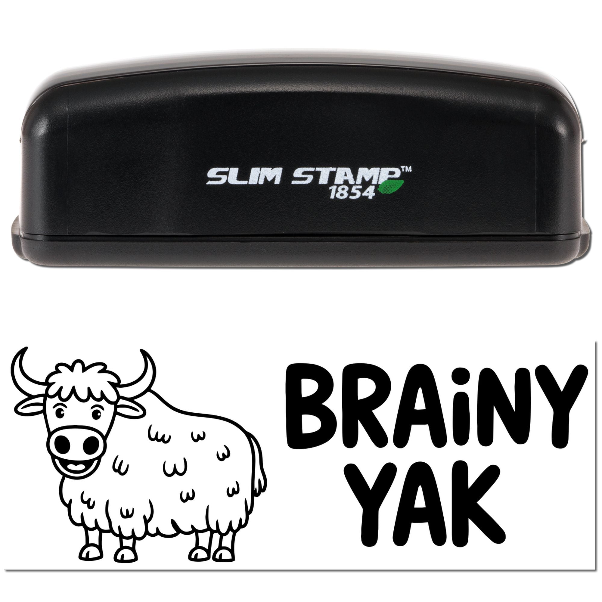 Custom Brainy Yak rubber stamp with cow illustration and Slim Stamp 1854 self-inking stamp case