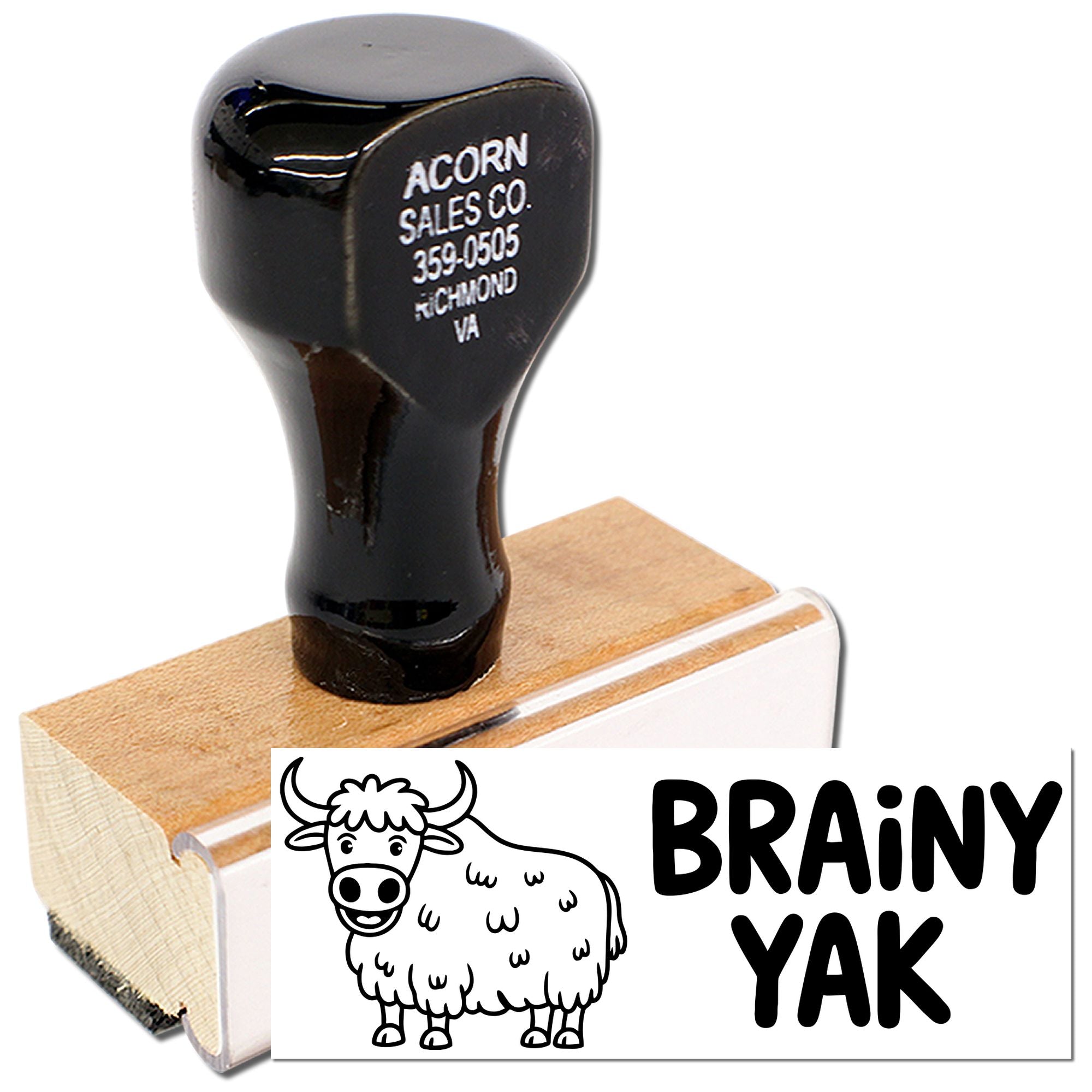 Custom rubber stamp with Brainy Yak sheep logo, wood-mounted handle, and Acorn Sales Co. branding for business use