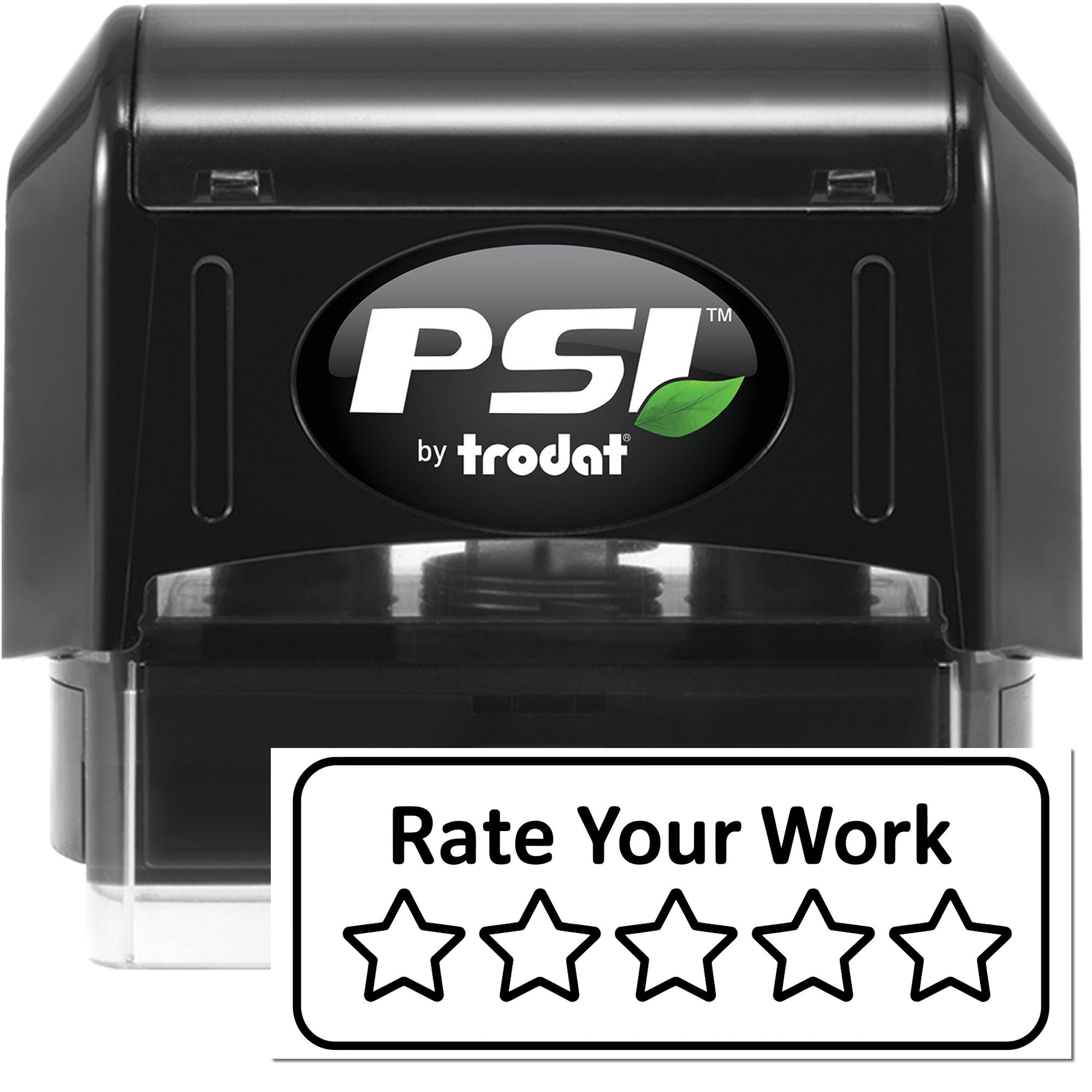 PSI by Trodat self-inking rubber stamp for rating work, featuring Rate Your Work and five stars.