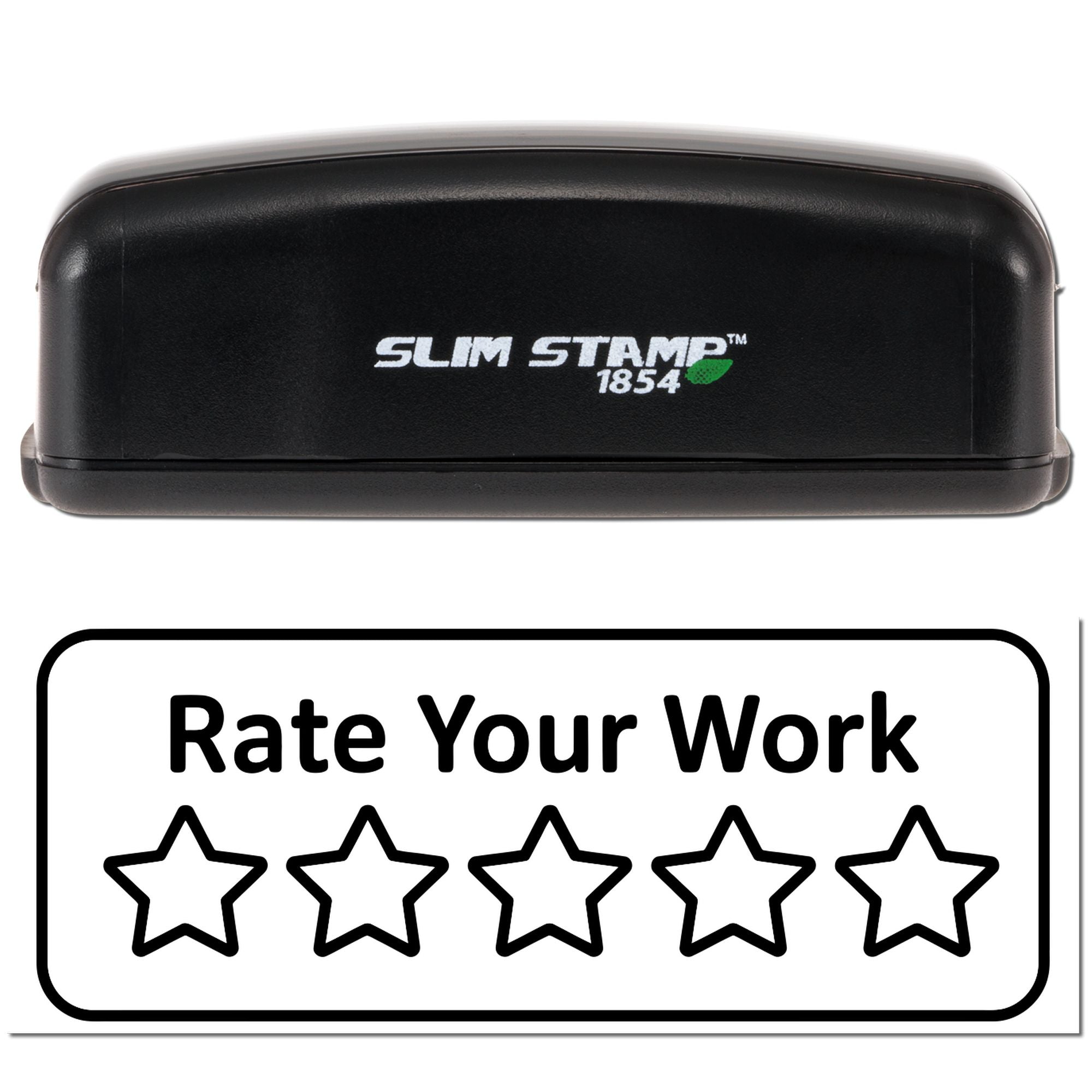 Self-inking Slim Stamp 1854 rubber stamp with 5-star Rate Your Work review design.