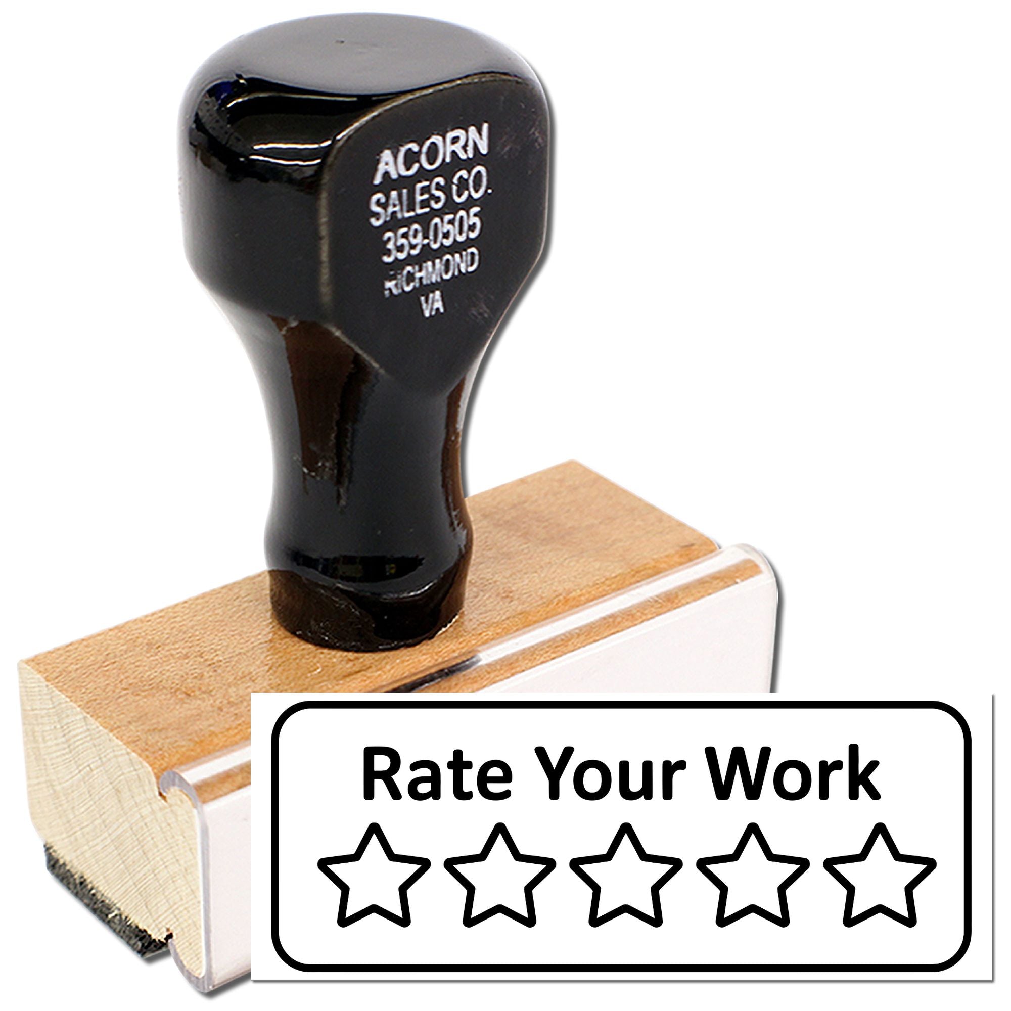 Rubber stamp with Rate Your Work and five stars, ideal for employee reviews, teacher feedback, and office rating forms.
