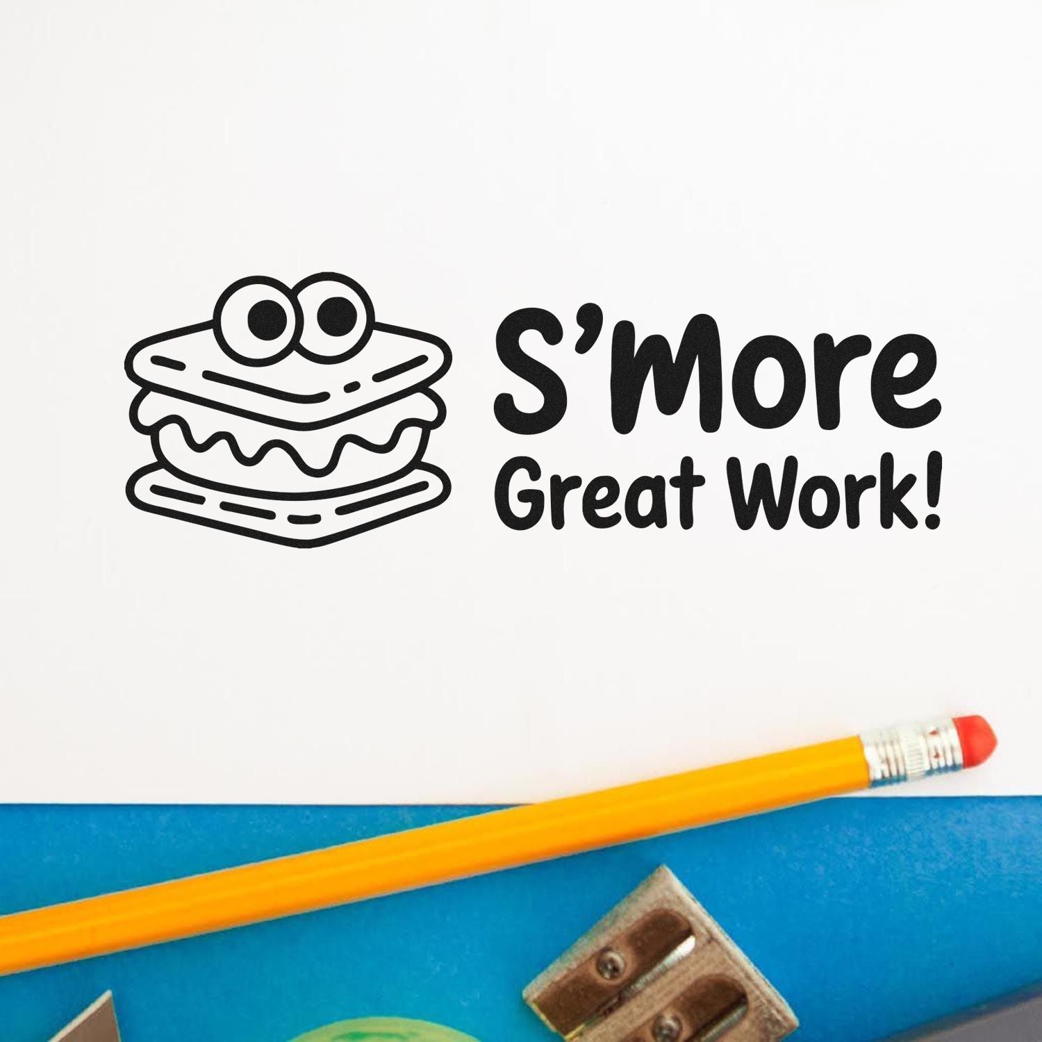 Smore Great Work rubber stamp for teachers, featuring a playful smore design to reward students and encourage learning.