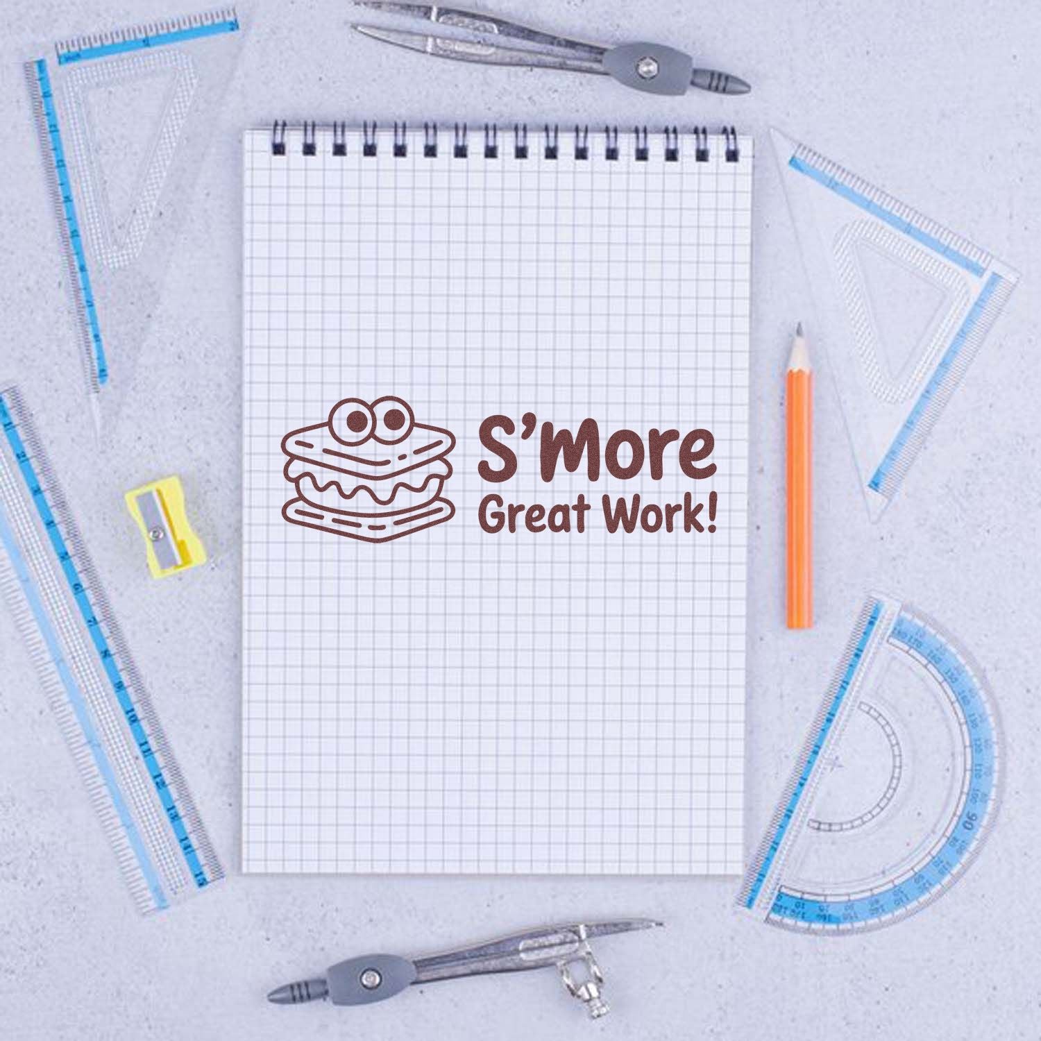 S'more Great Work! rubber stamp design with cute s'more and school supplies, ideal for rewarding student homework.