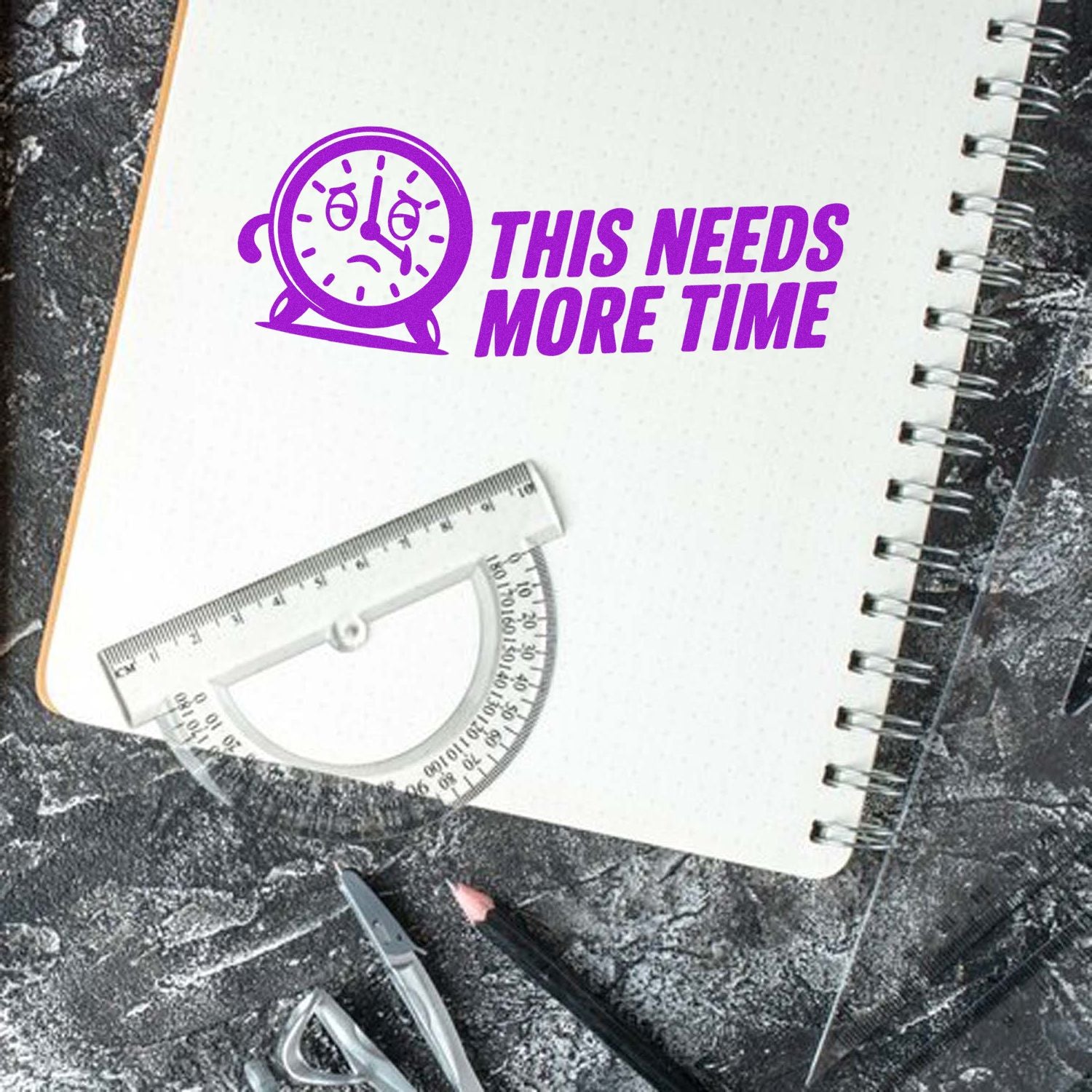 Funny rubber stamp design reading This Needs More Time with clock icon, ideal for grading, planners, and office use.