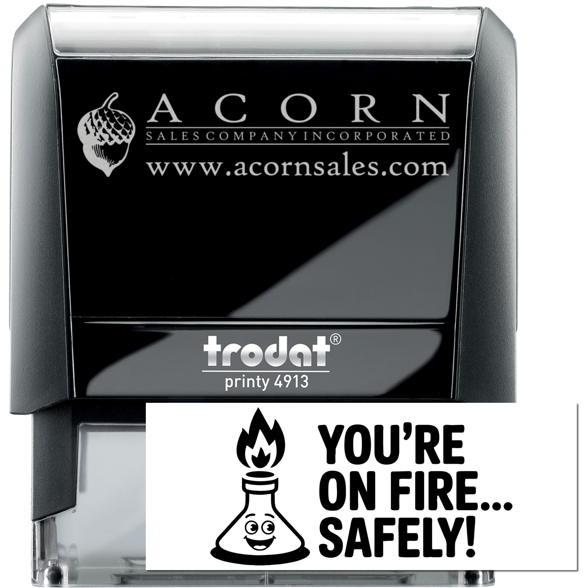 Trodat Printy 4913 custom rubber stamp with Acorn Sales logo and fire safety message example for branded business stamping.