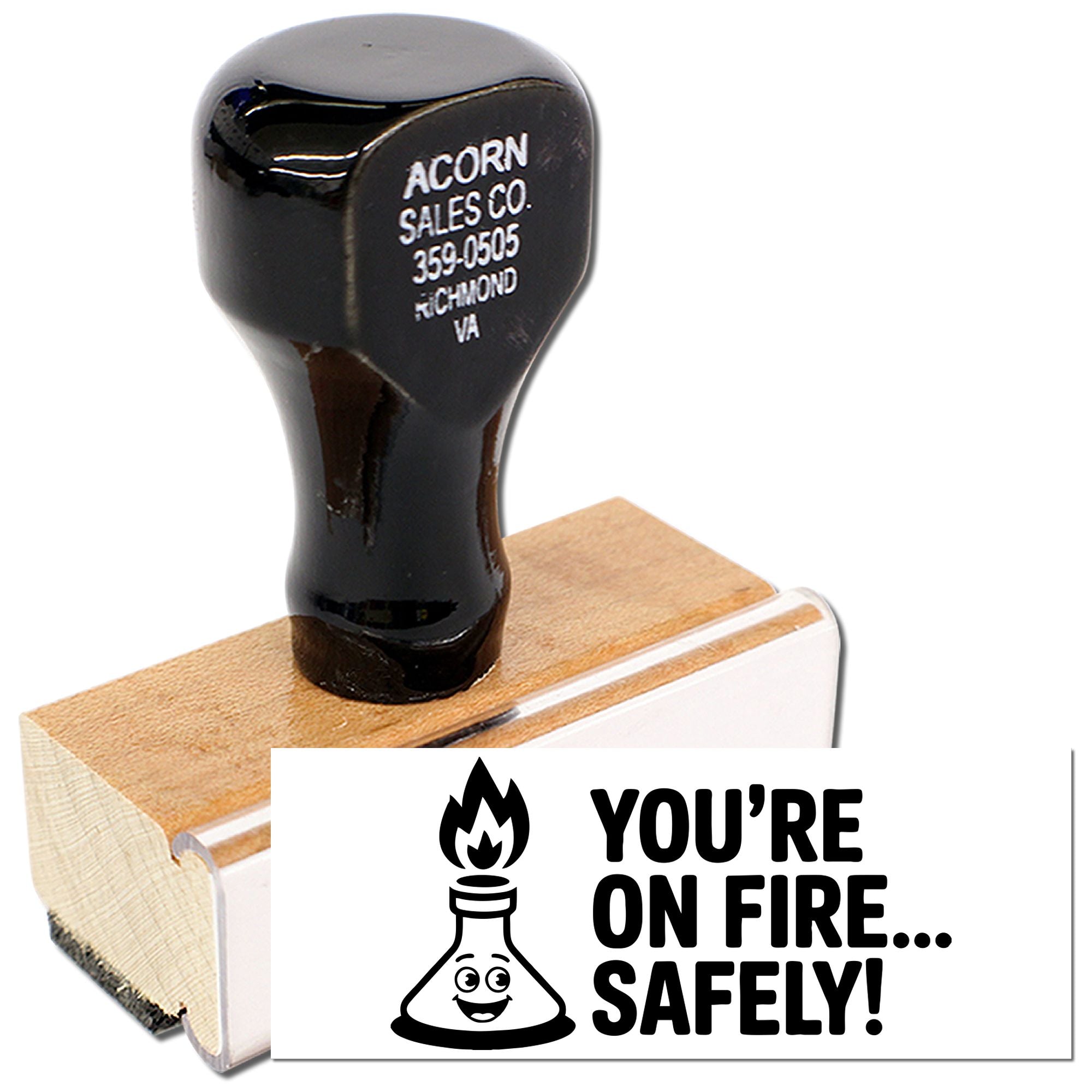 Personalized rubber stamp with Youre on fire safely! lab safety message and beaker icon.