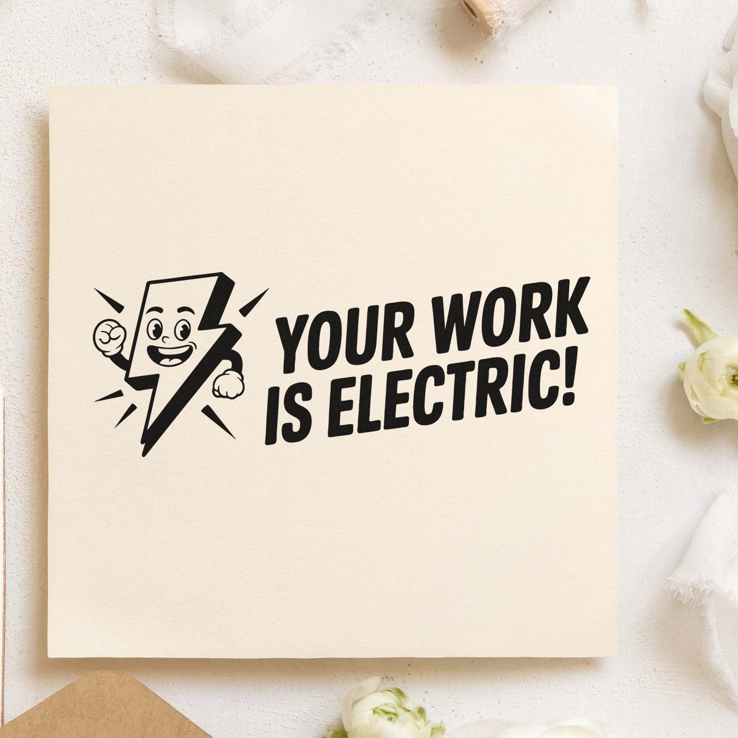 Rubber stamp design with smiling lightning bolt and Your Work Is Electric! text for bold motivational branding.