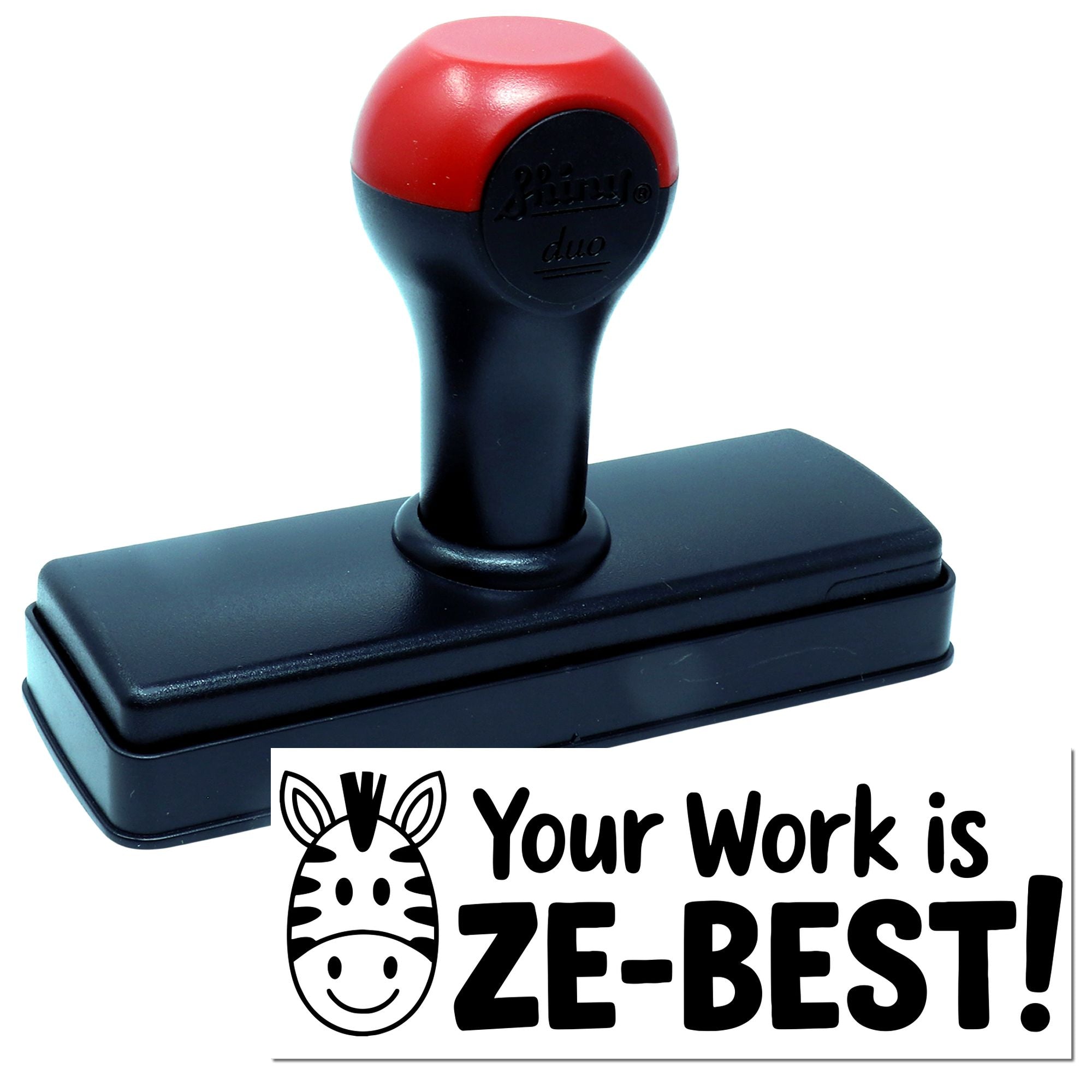 Self-inking rubber stamp with zebra design and Your Work is ZE-BEST! custom message for fun business branding.