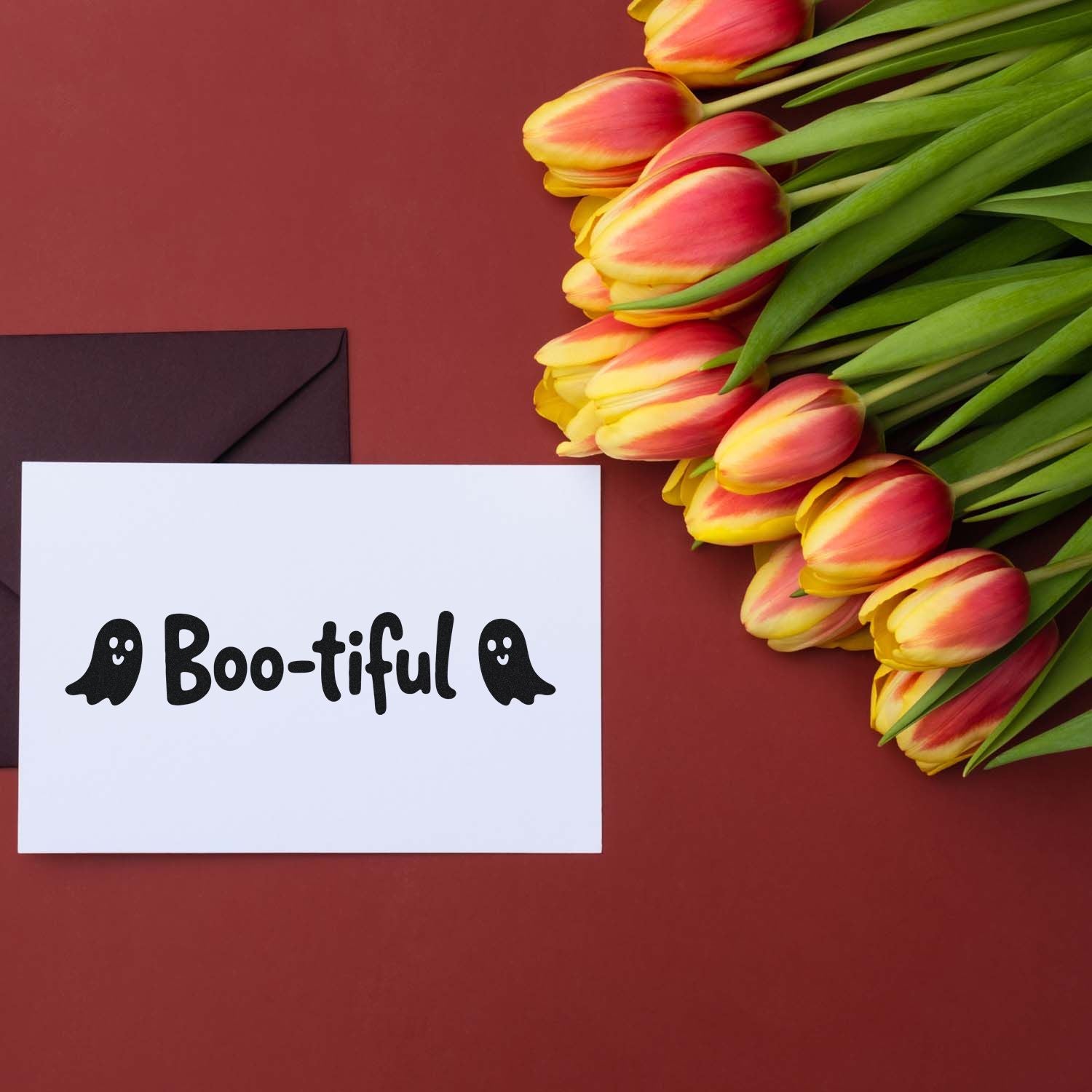 Boo-tiful Halloween rubber stamp design on a greeting card with ghost icons, paired with tulips and an envelope.