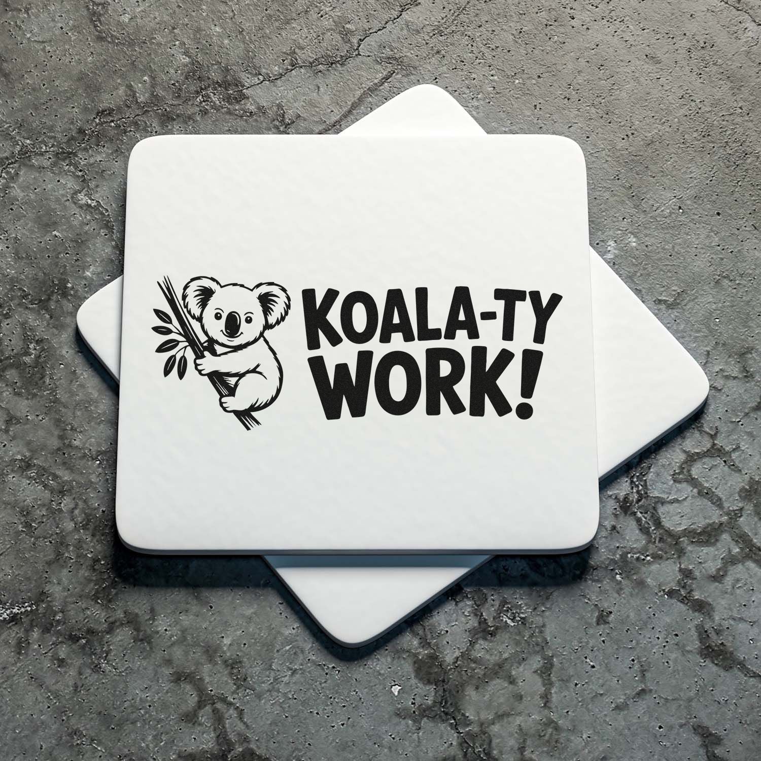 Koala-ty Work! koala rubber stamp design for packaging, crafting, and playful business branding.