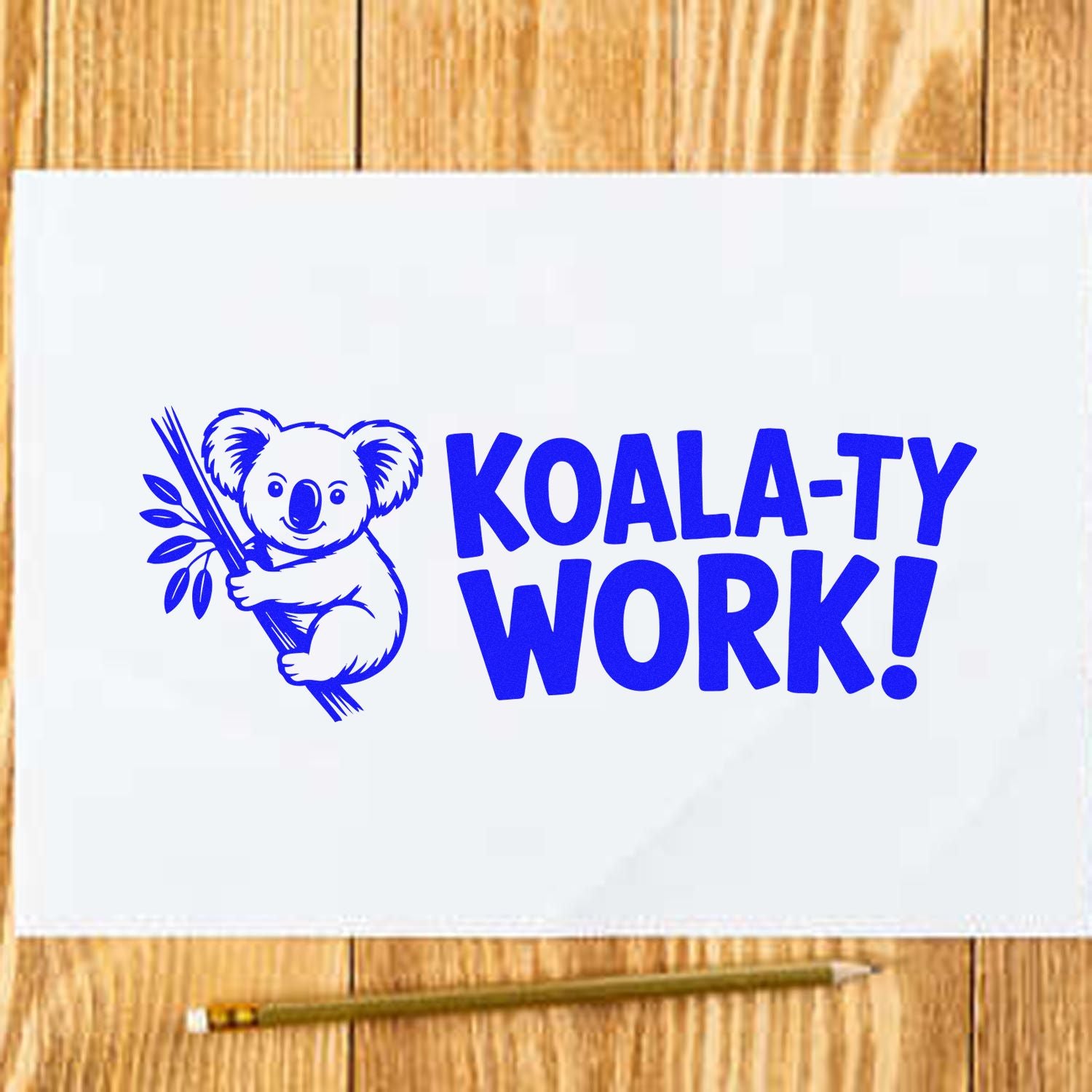 Koala-ty Work! cute koala rubber stamp design for fun teacher, office, or craft stamping projects.