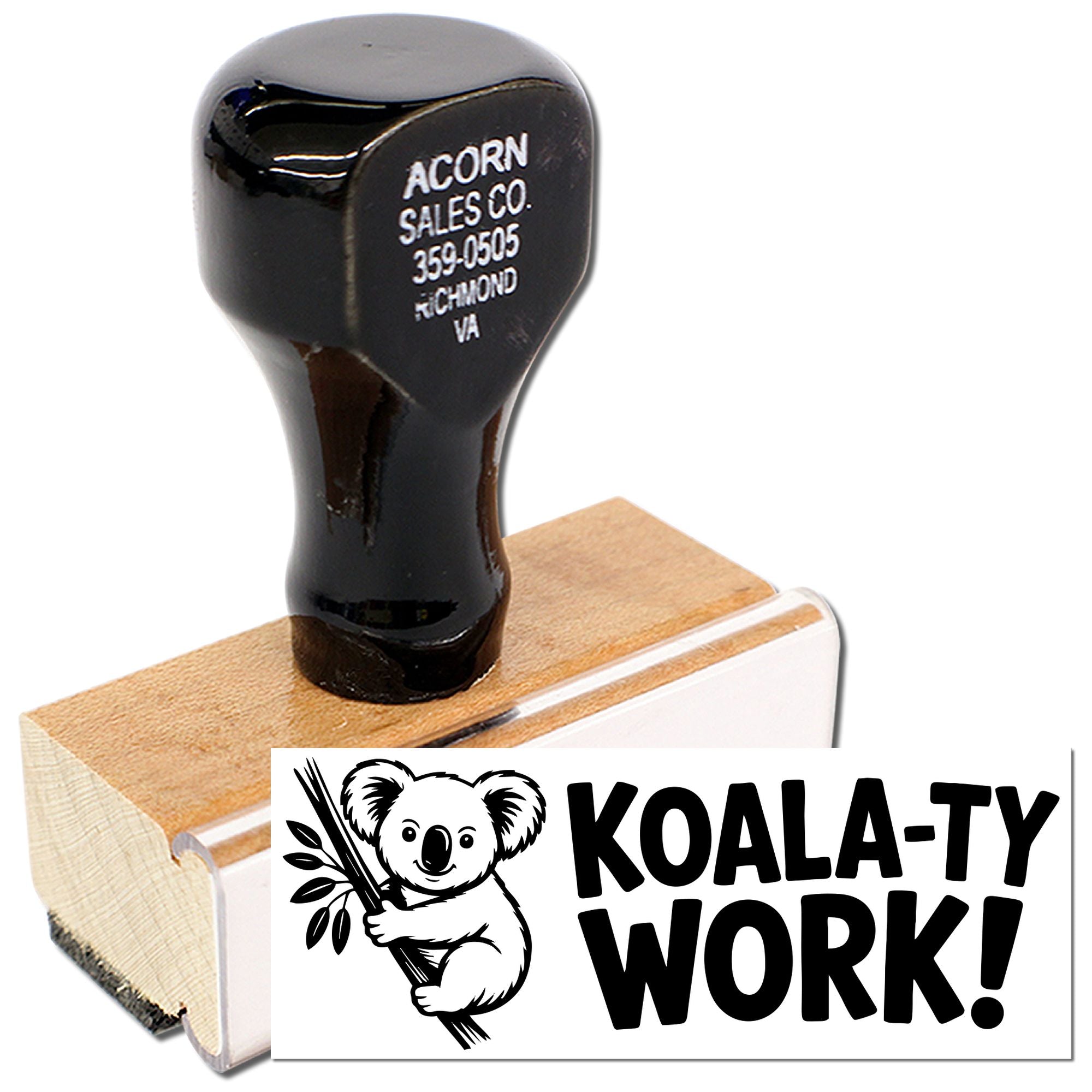 Custom rubber stamp featuring koala Koala-ty Work! design for branding, packaging, and craft projects.