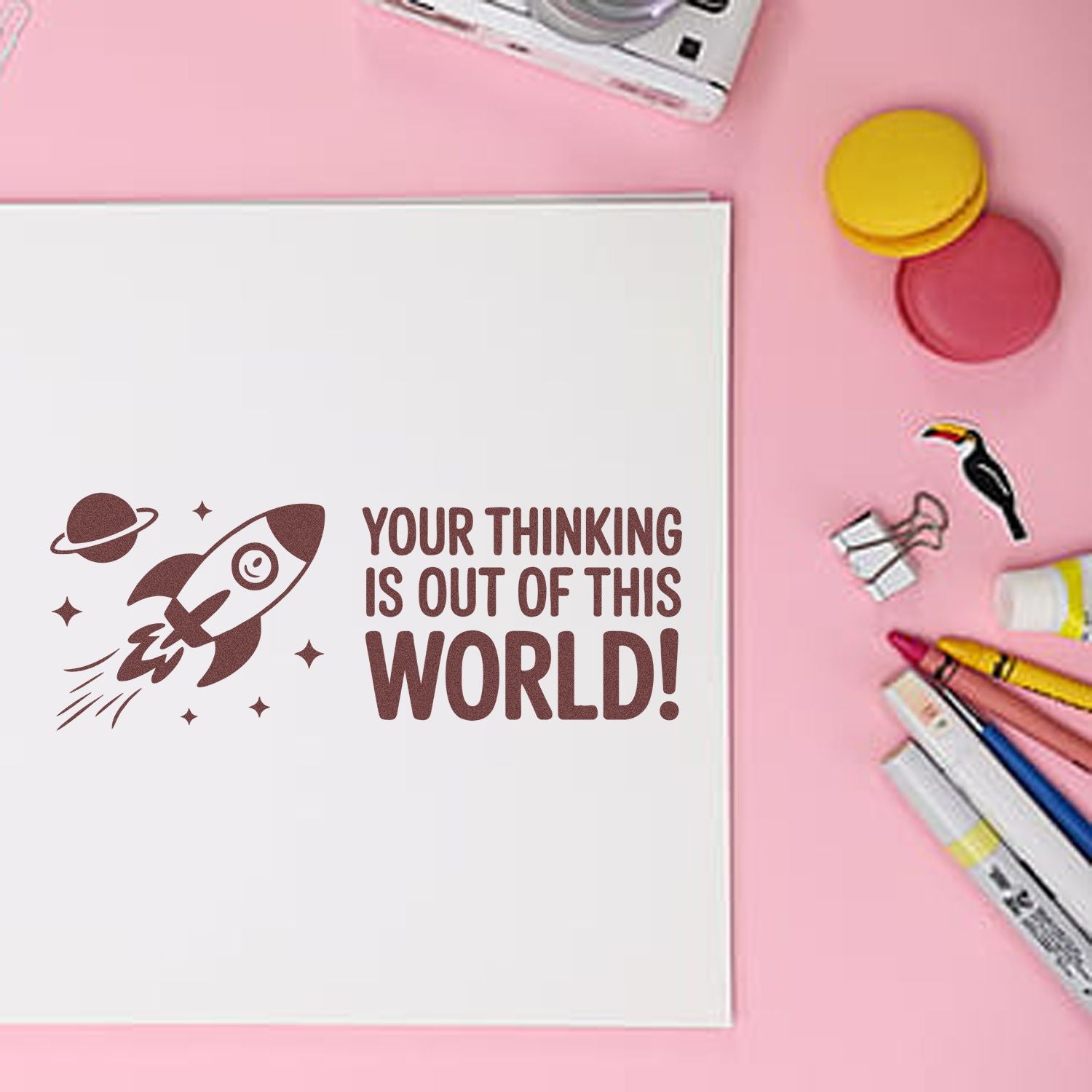 Rocket rubber stamp design saying Your Thinking Is Out of This World! for custom stationery and classroom rewards.