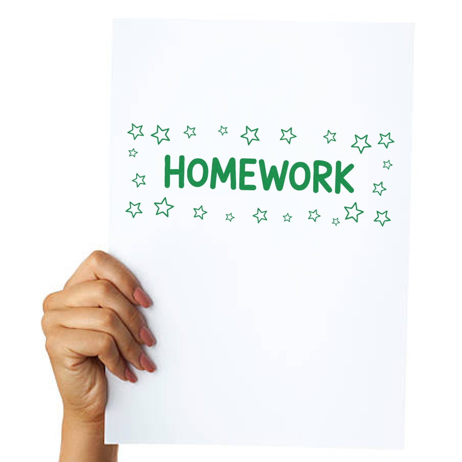 Homework rubber stamp with stars on paper held by hand for grading student assignments.