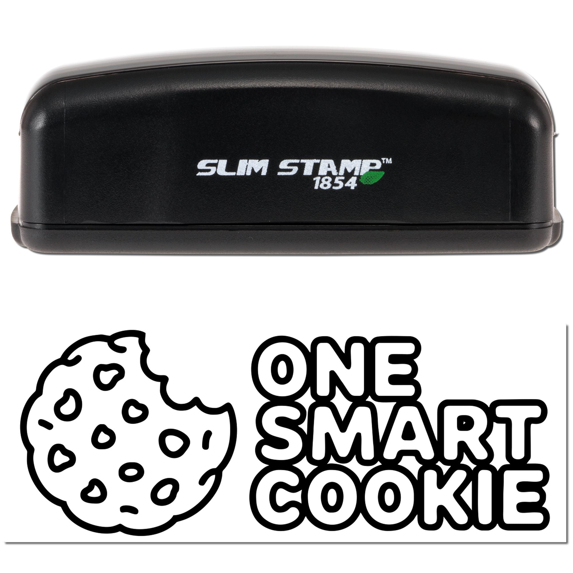 Slim Stamp 1854 self-inking rubber stamp with One Smart Cookie cookie design for bakeries, gifts, and classroom rewards.