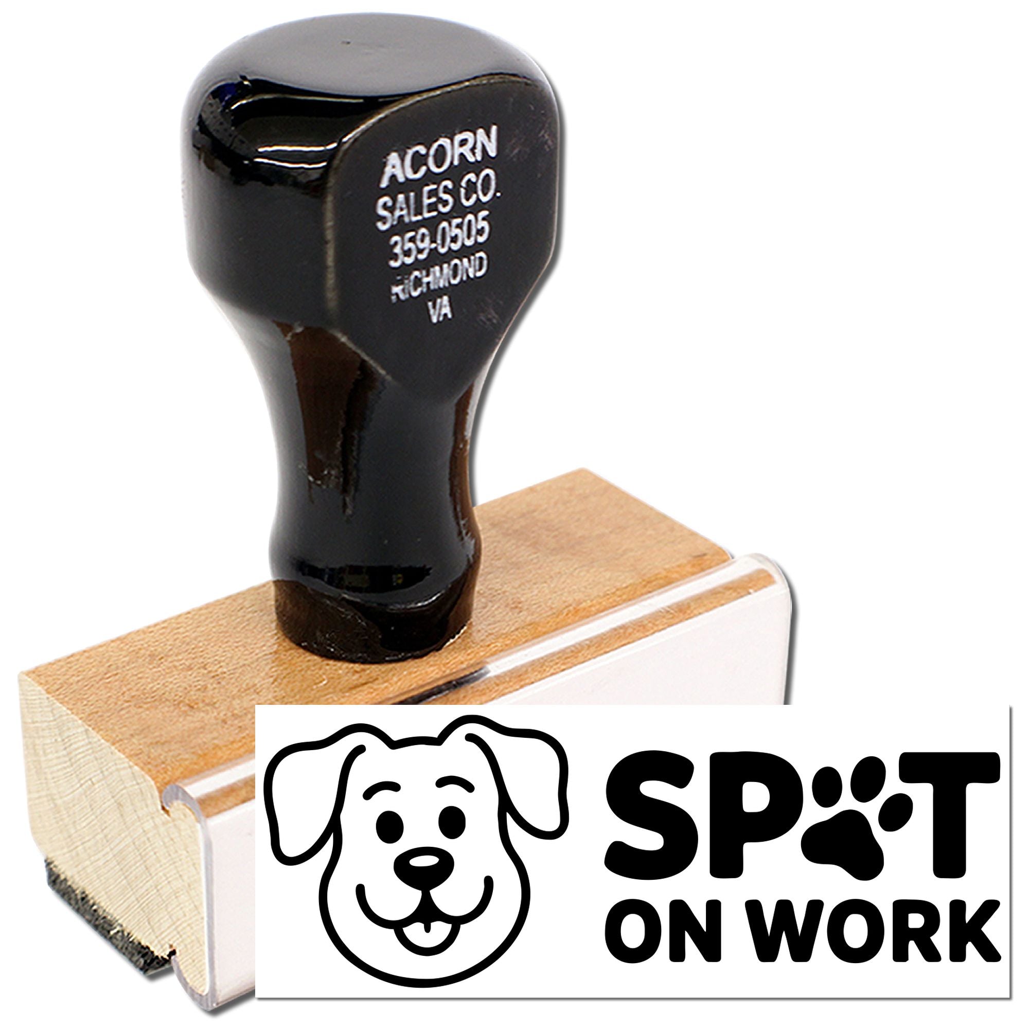 Custom rubber stamp with dog logo and Spot on Work design for business branding and packaging use