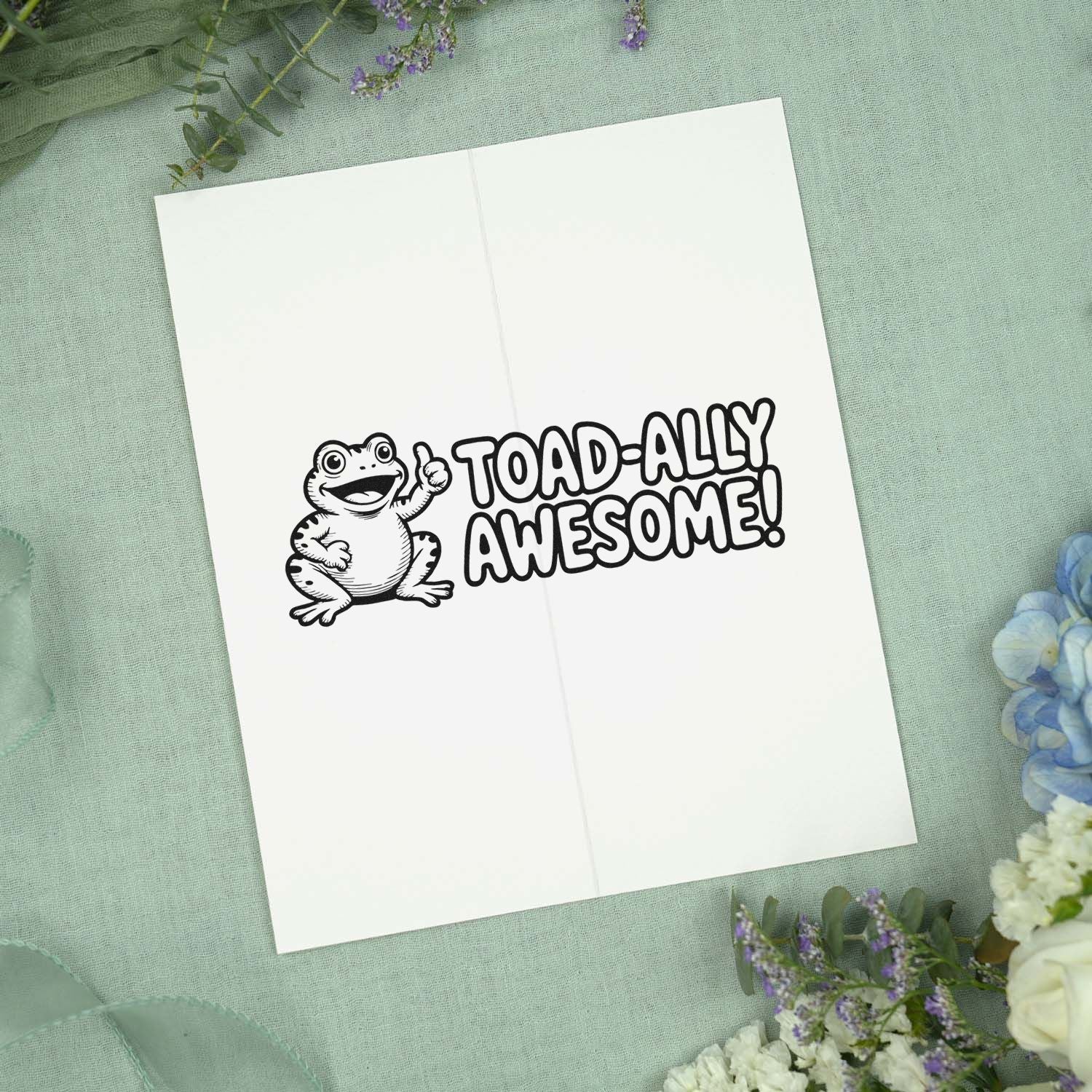 Frog rubber stamp with Toad-ally Awesome! sentiment on an open card, perfect for playful handmade greeting cards.
