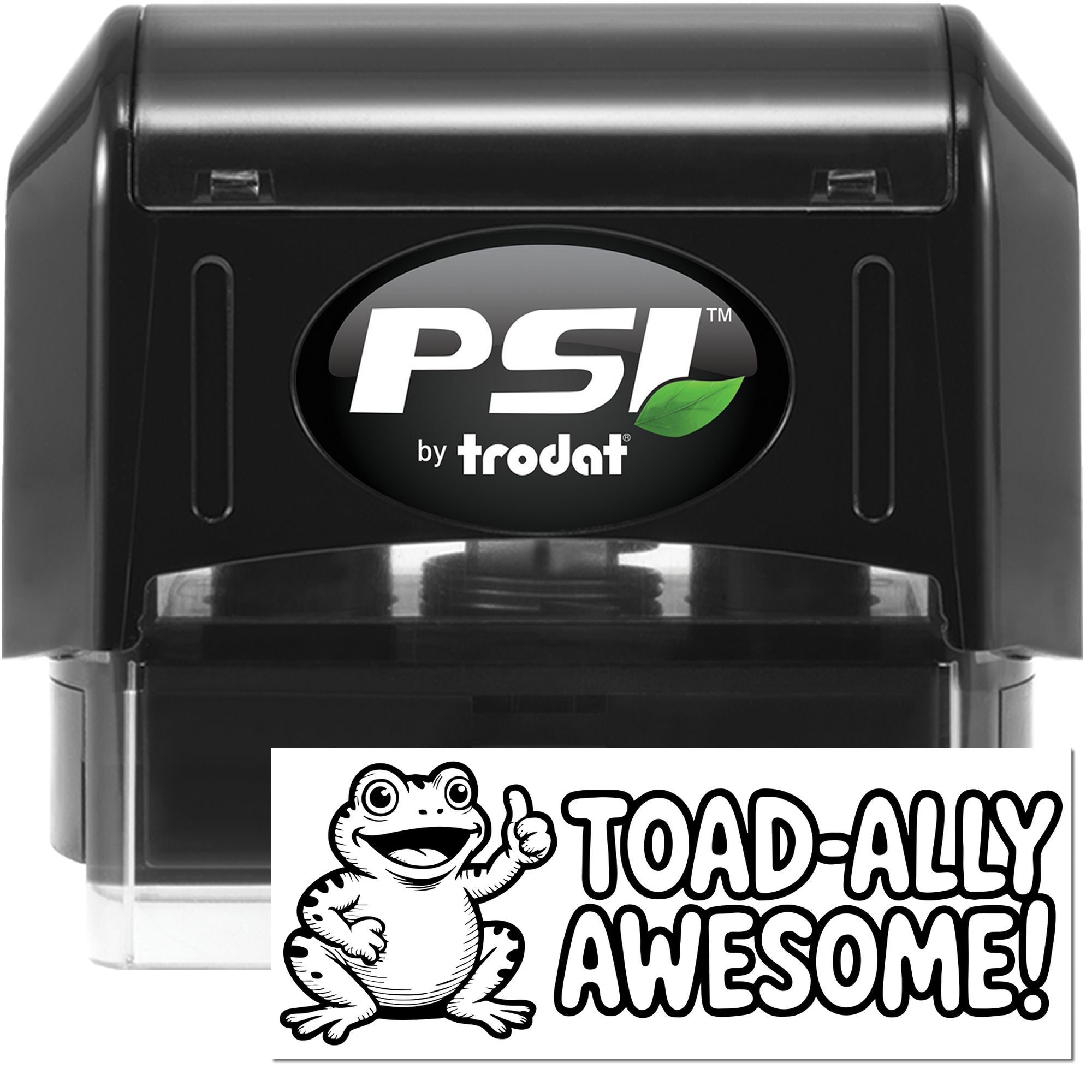 PSI by Trodat self-inking rubber stamp with toad-ally awesome frog design for fun custom branding or greeting cards.