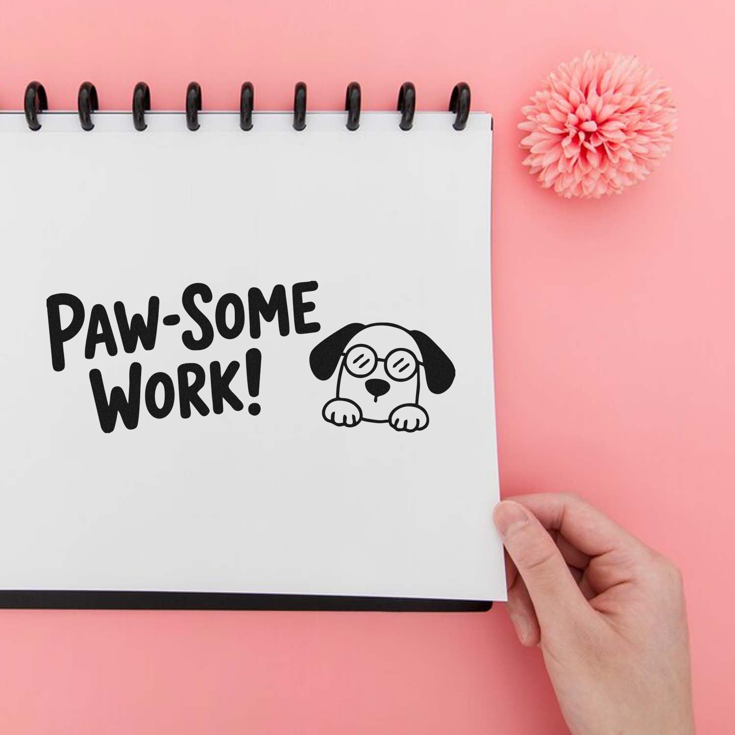 Paw-some work dog rubber stamp design for notebooks and planner pages with a cute pet illustration and playful message.