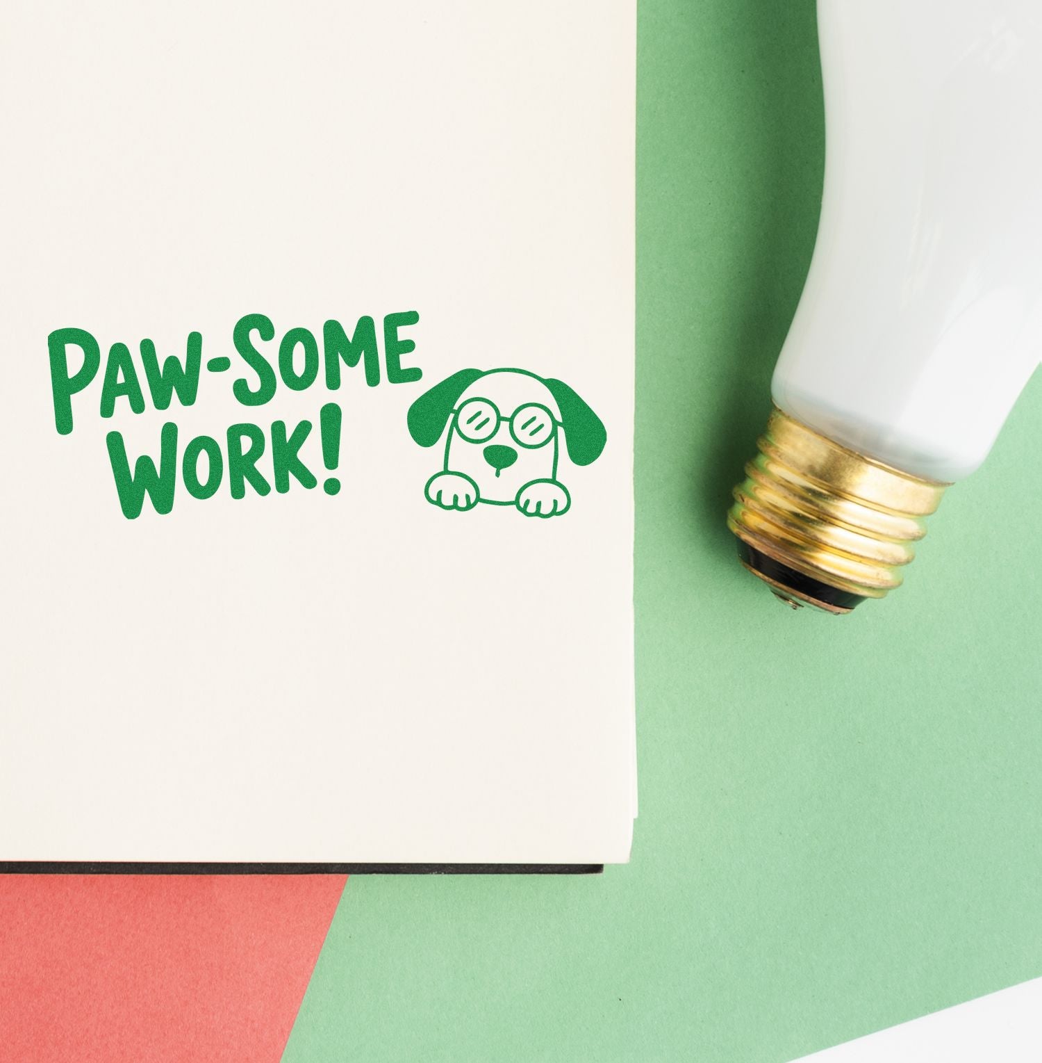 "Paw-some Work" dog custom rubber stamp for pet-themed cards, packaging, and classroom rewards.