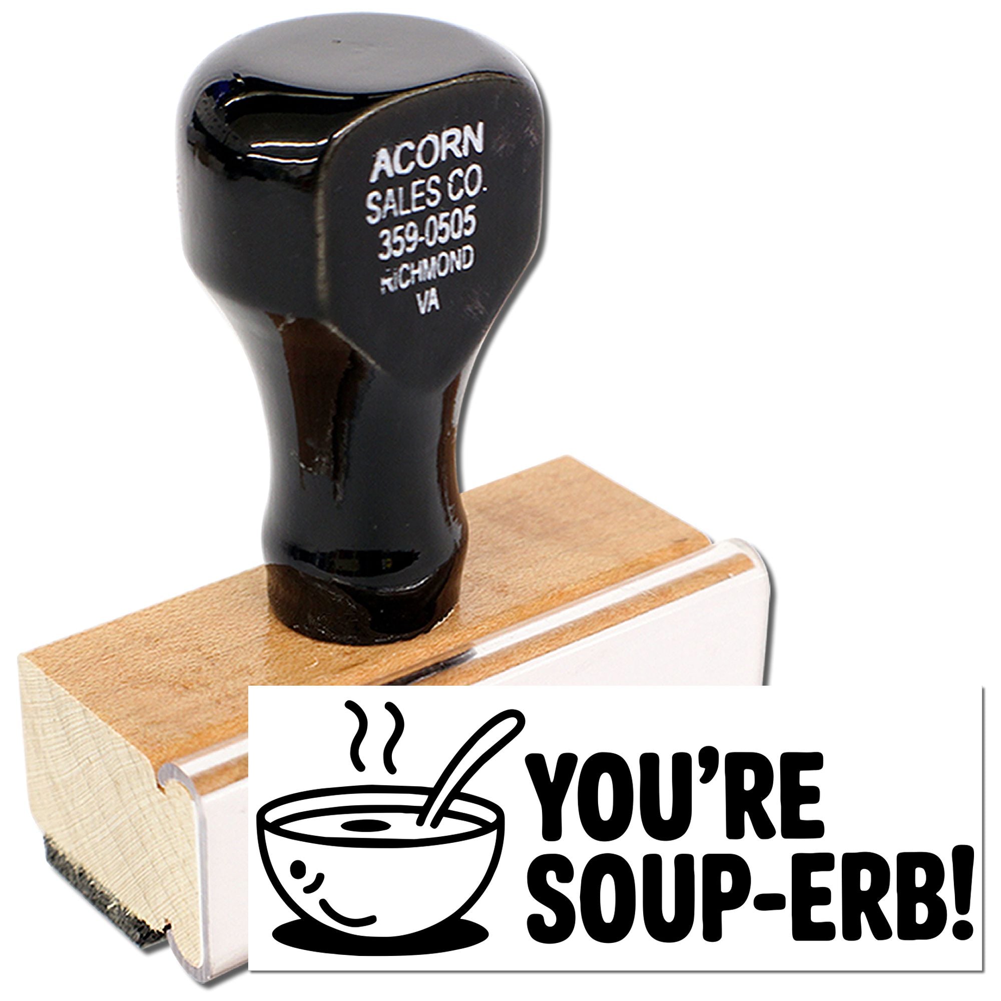 Custom rubber stamp with Youre Soup-er! soup bowl design for cards, crafts, and kitchen packaging.