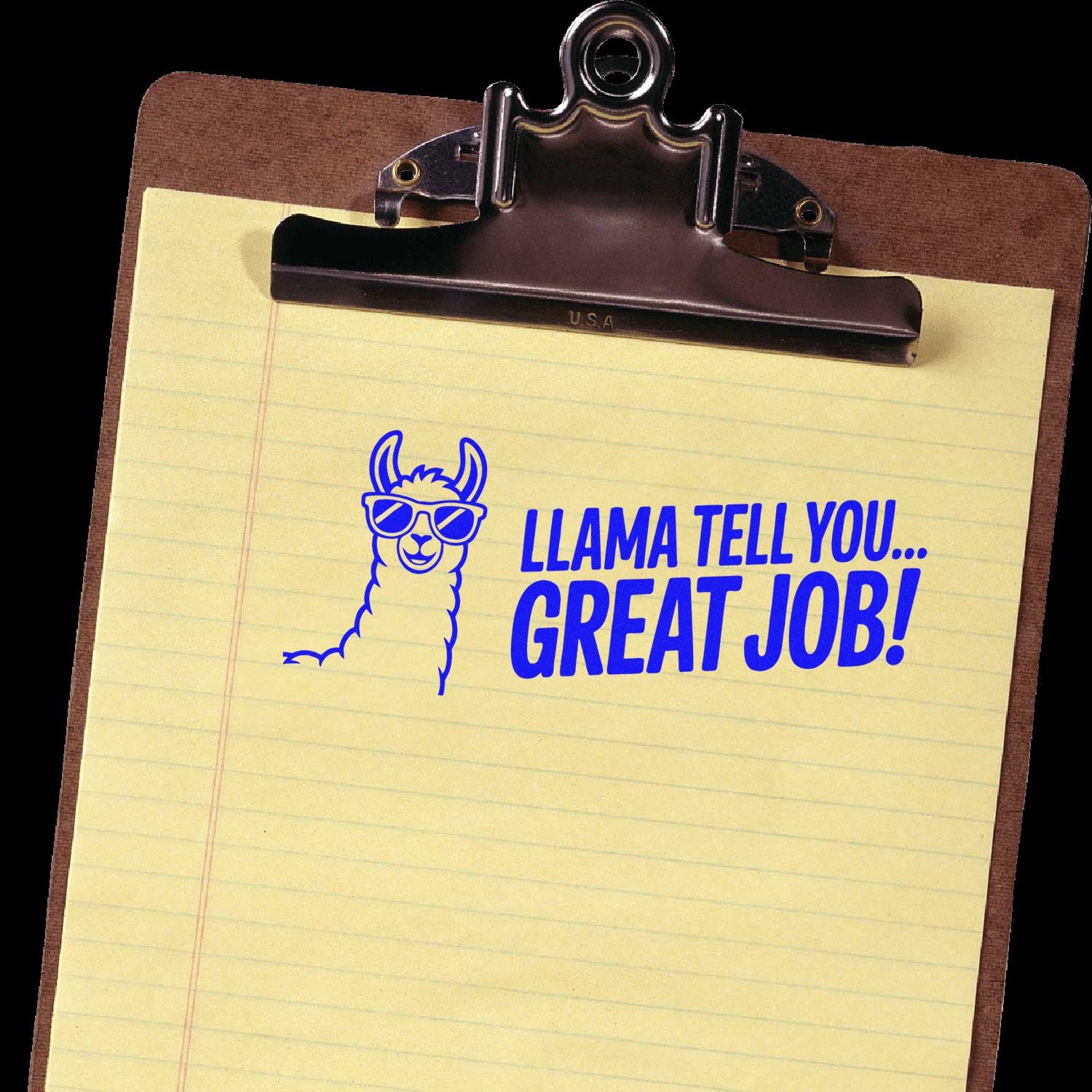 Llama tell you great job rubber stamp design on clipboard notepad, a fun appreciation stamp for teachers, offices, and rewards.