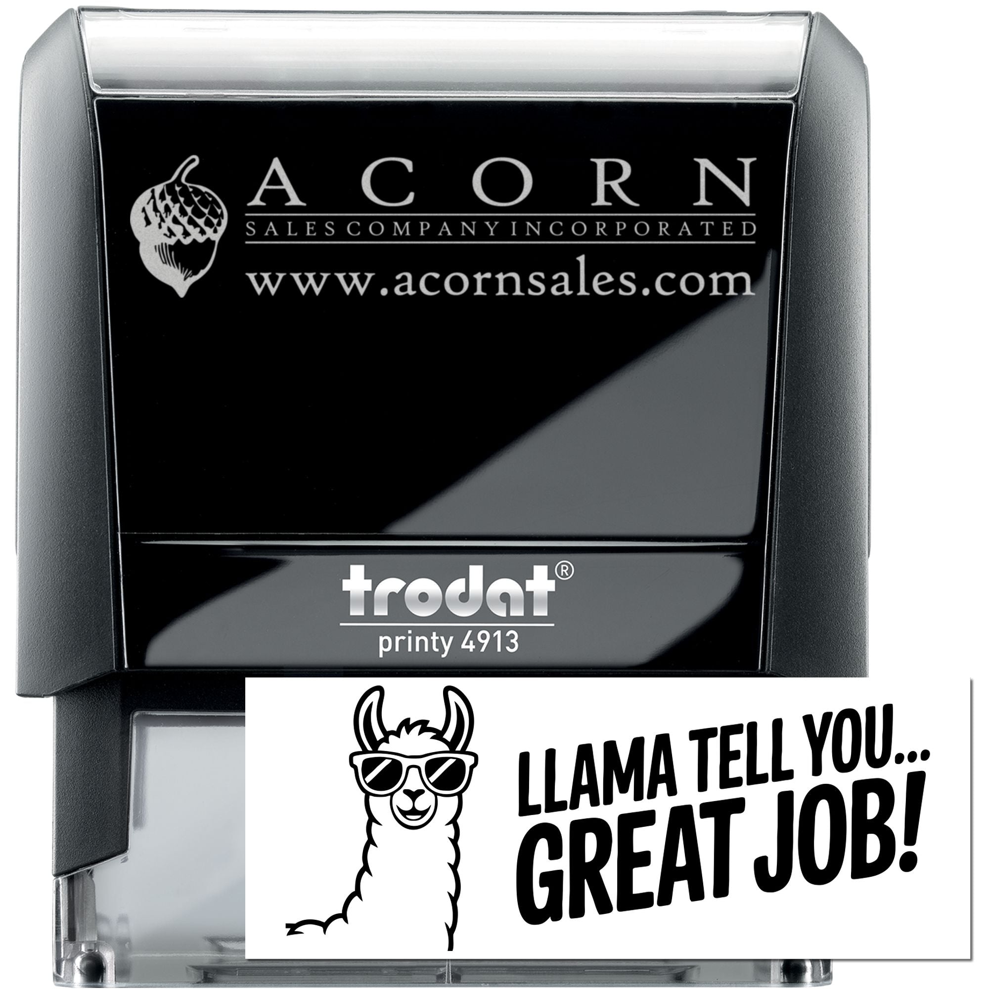 Custom self-inking rubber stamp, Trodat Printy 4913, with Acorn Sales logo and sample llama stamp imprint for business branding.